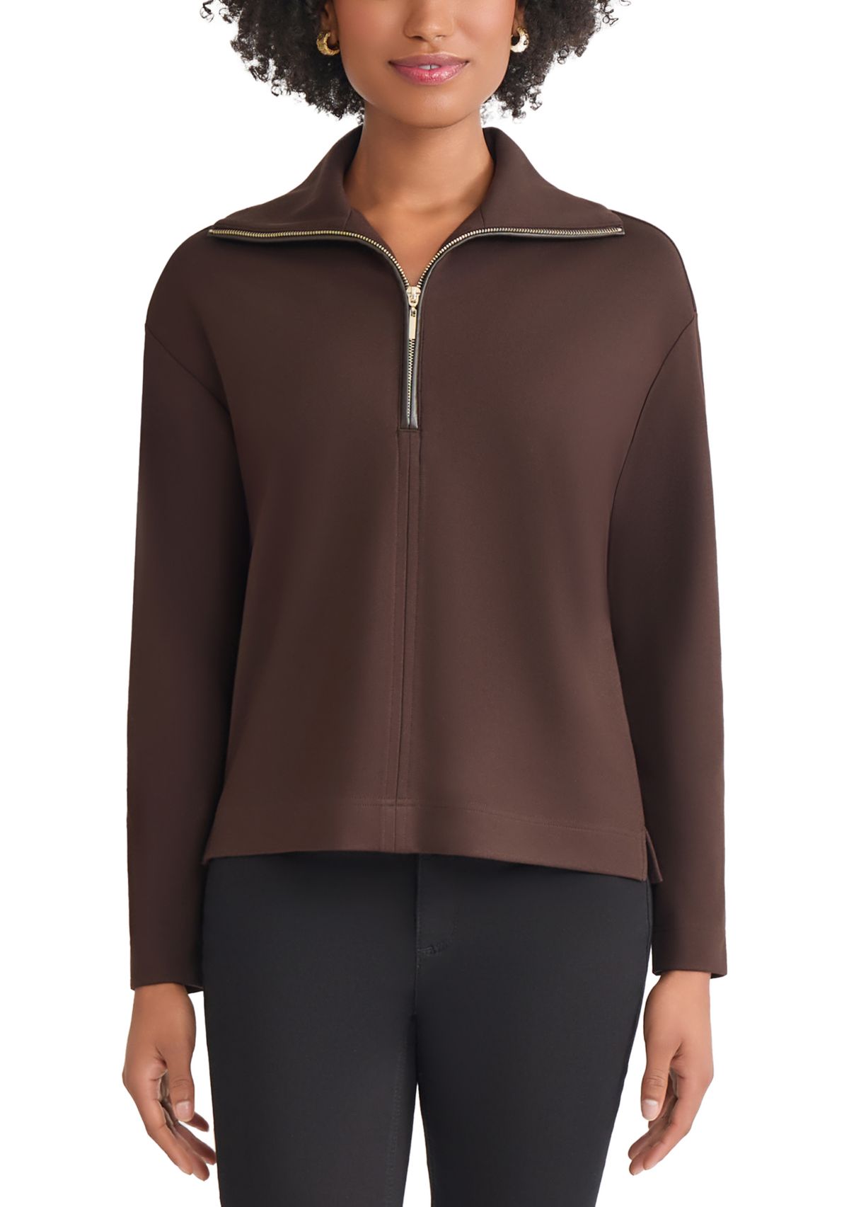 Womens Long Sleeve Zip Front Pullover with Elbow Patches 