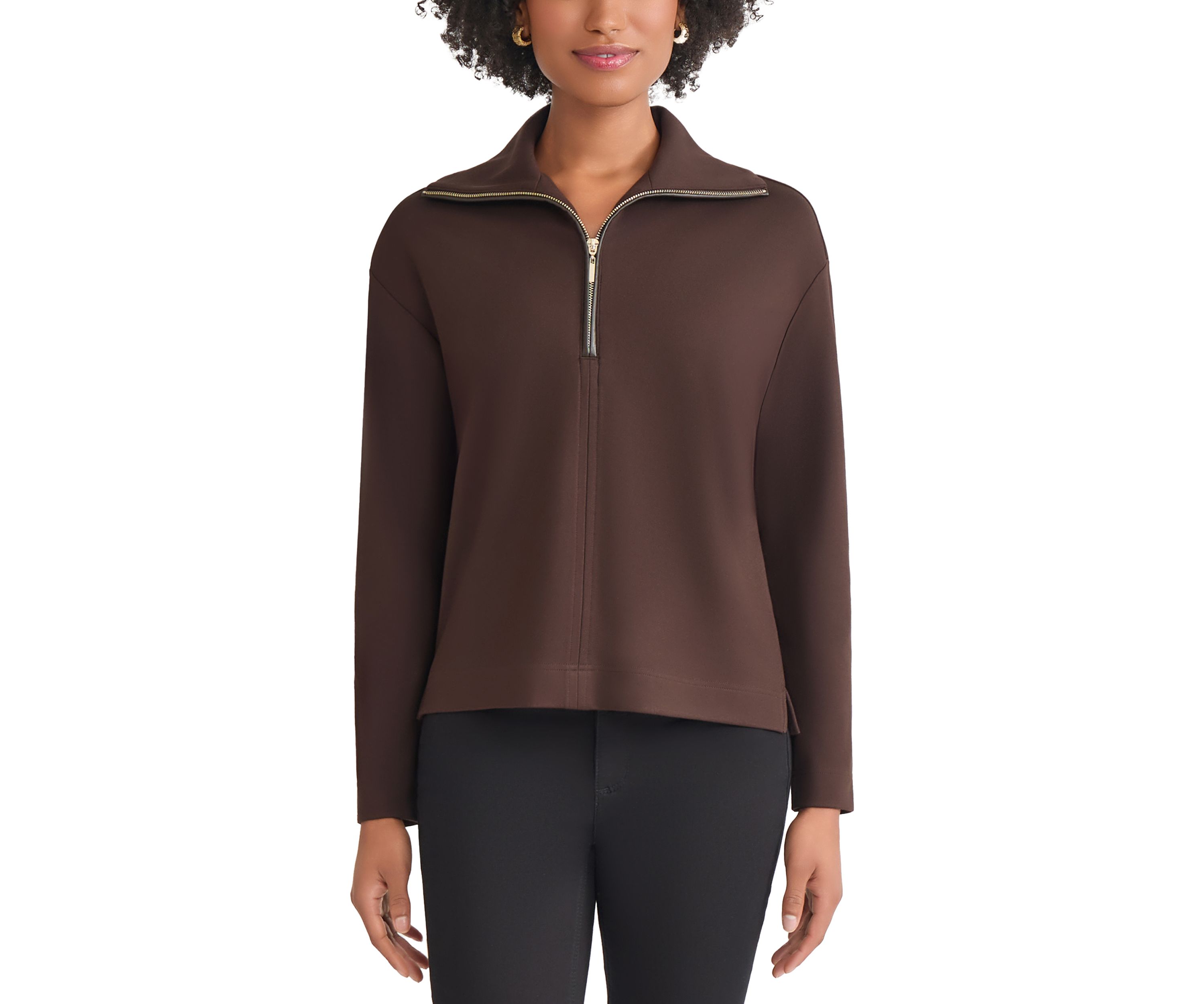 Womens Long Sleeve Zip Front Pullover with Elbow Patches 