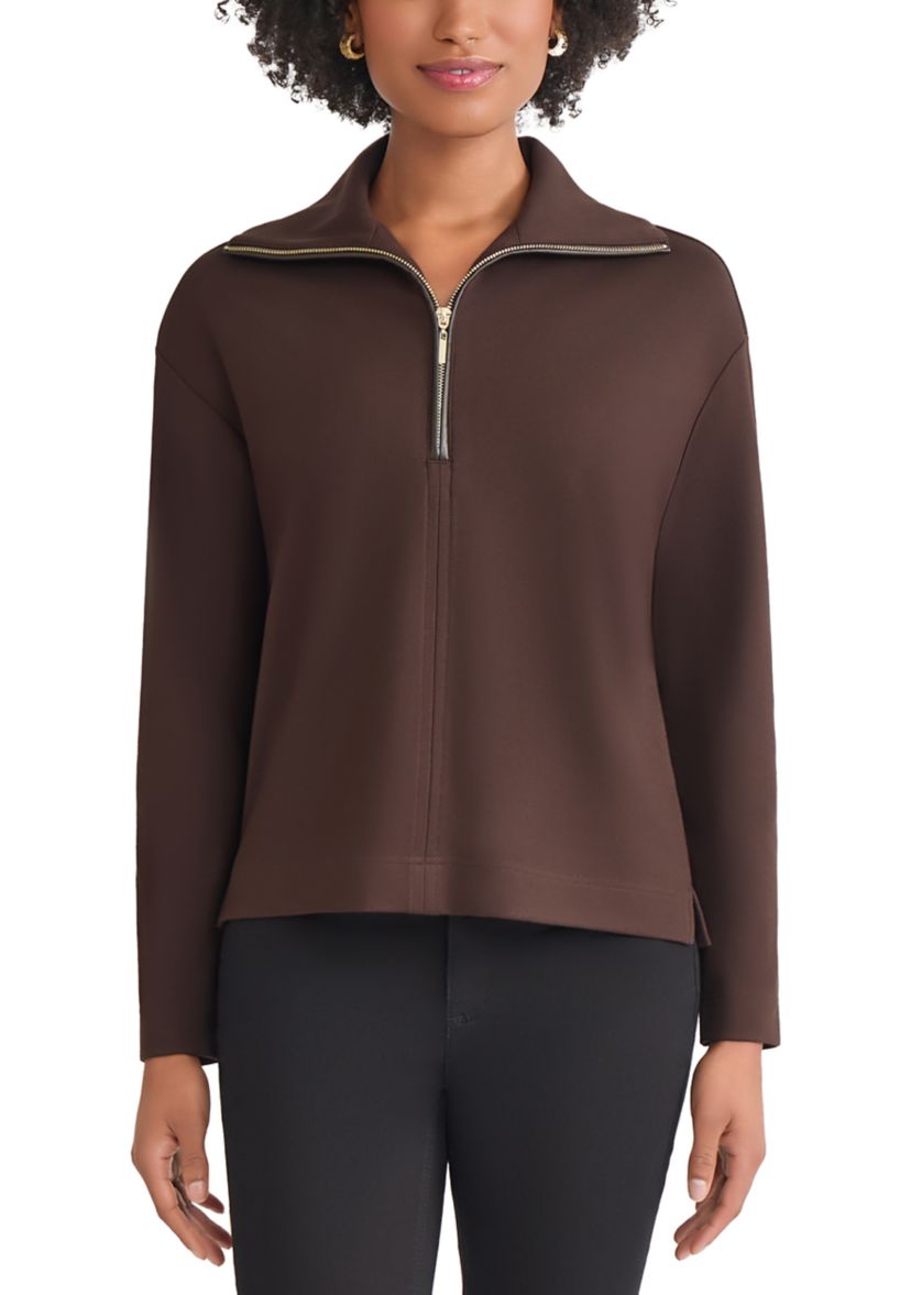 Womens Long Sleeve Zip Front Pullover with Elbow Patches 