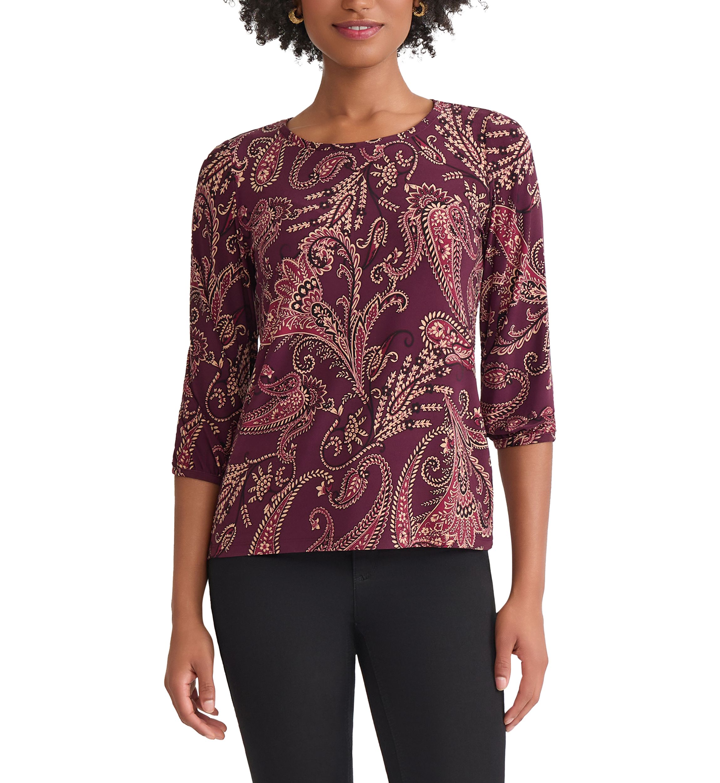 Petite Crewneck with 3/4 Puff Cuff Sleeve Top 