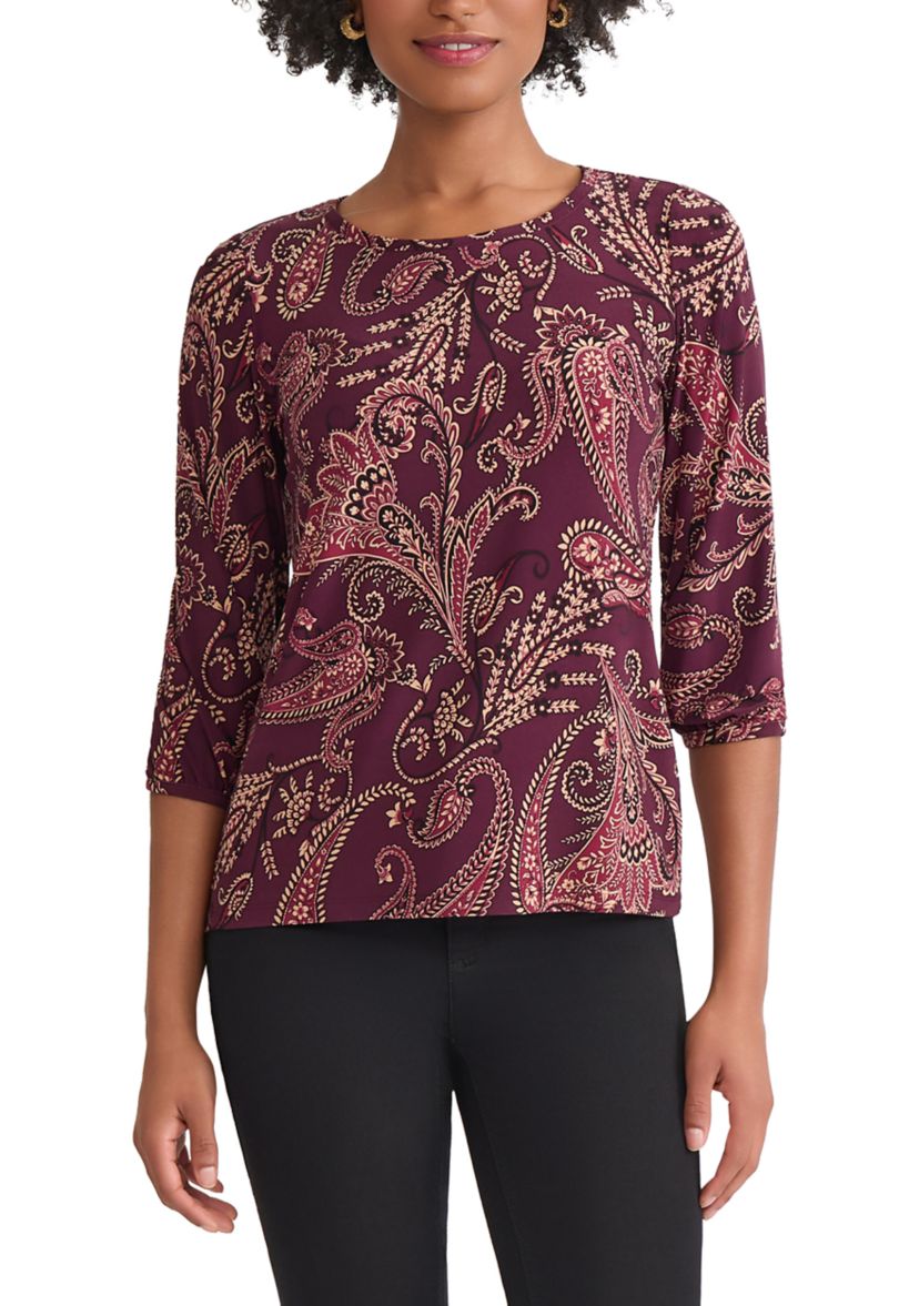 Petite Crewneck with 3/4 Puff Cuff Sleeve Top 