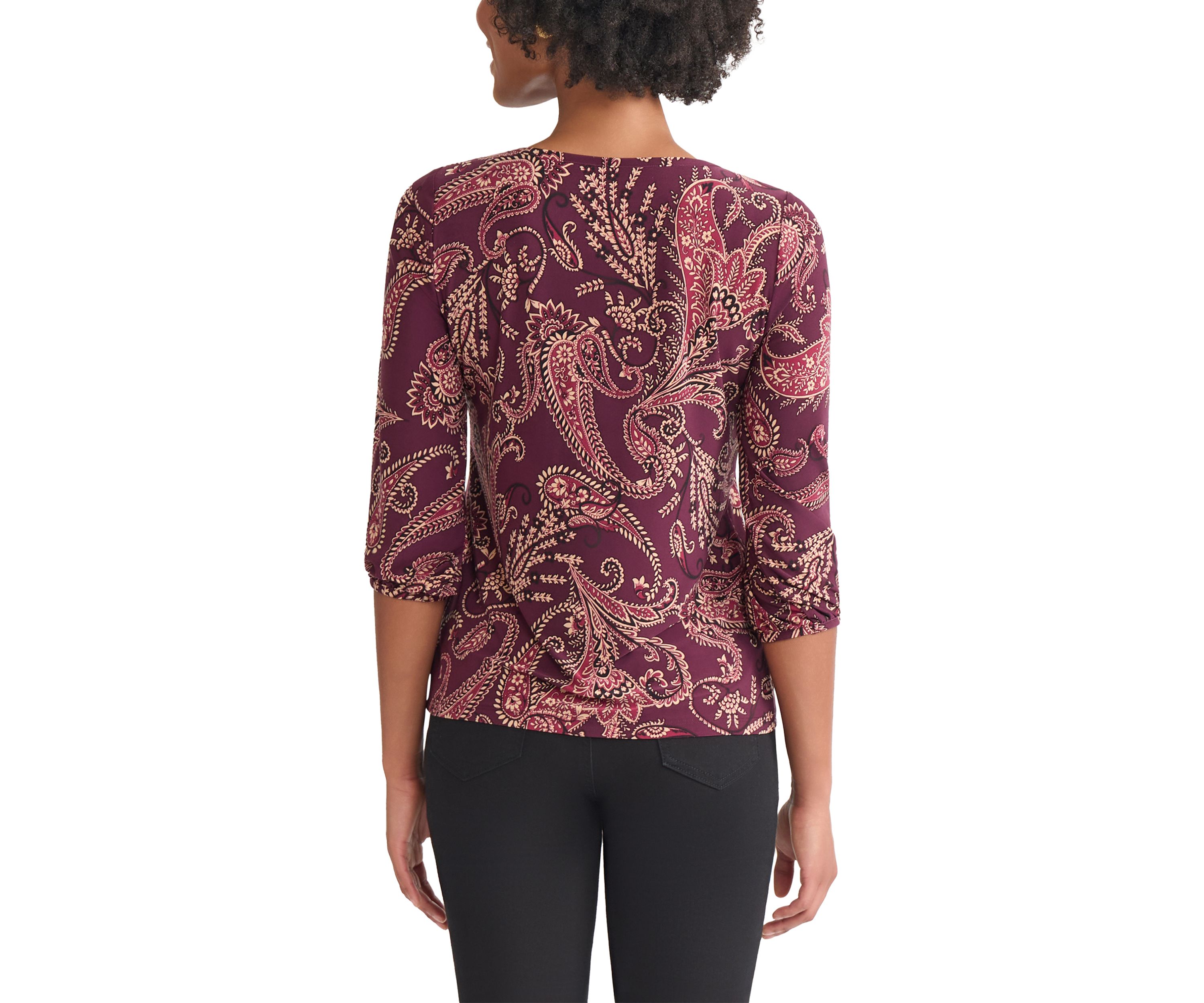 Petite Crewneck with 3/4 Puff Cuff Sleeve Top 