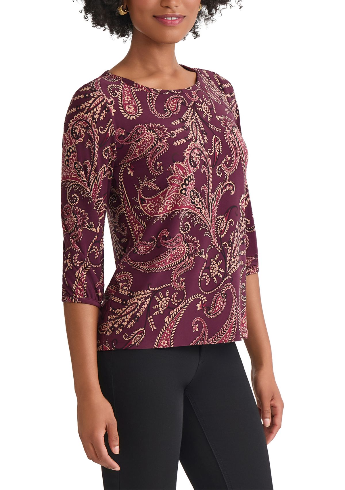 Petite Crewneck with 3/4 Puff Cuff Sleeve Top 