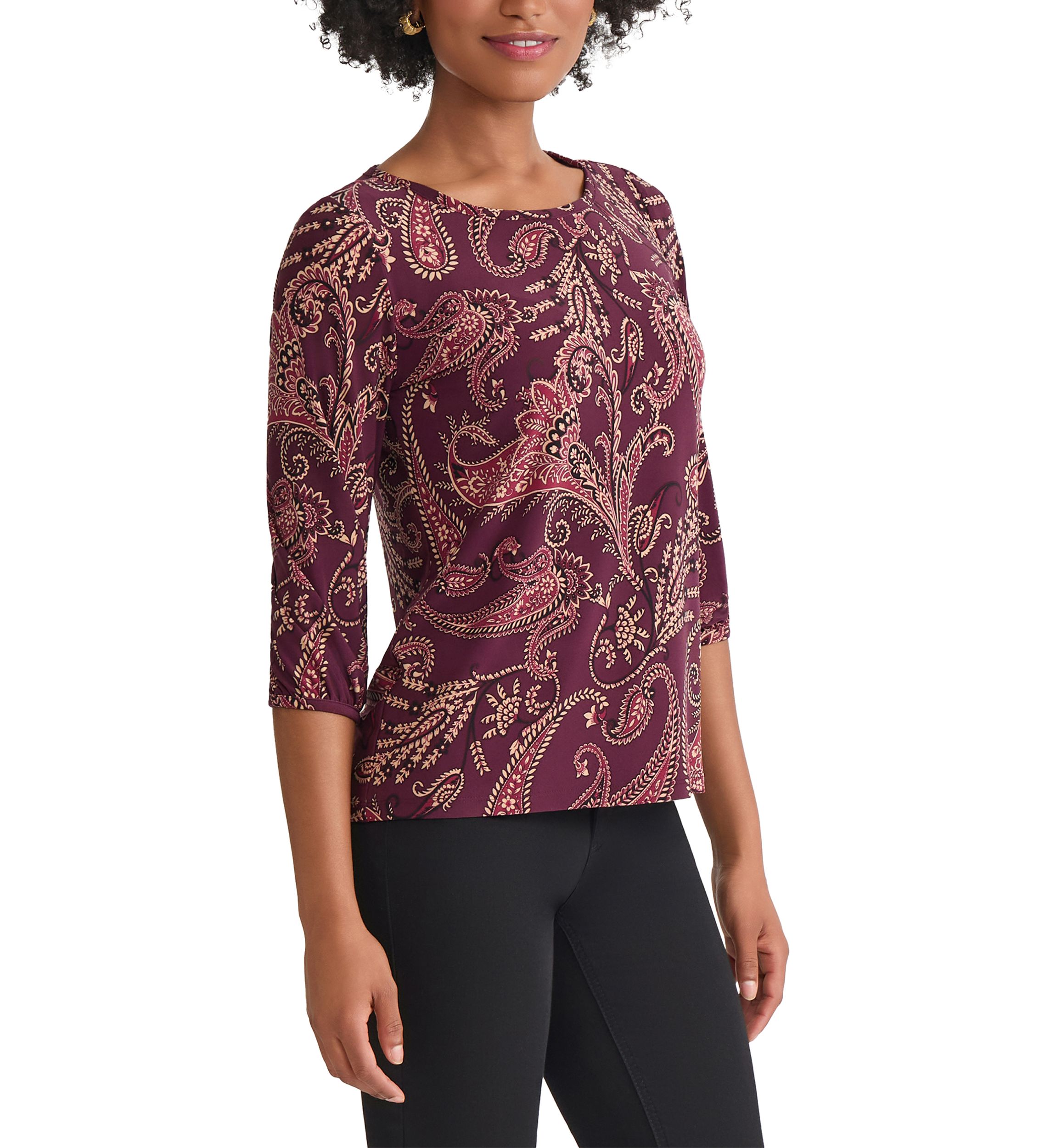 Petite Crewneck with 3/4 Puff Cuff Sleeve Top 