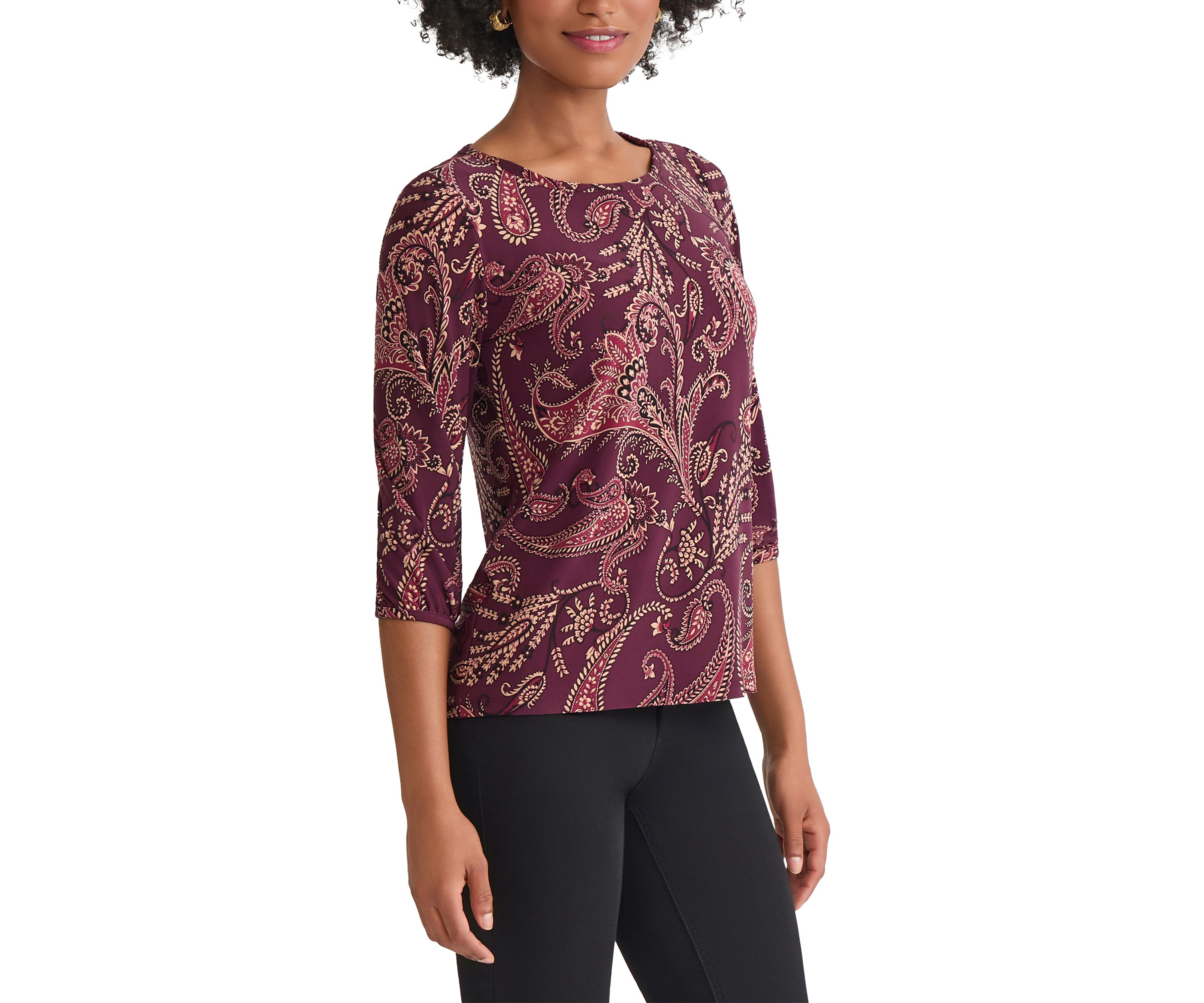 Petite Crewneck with 3/4 Puff Cuff Sleeve Top 