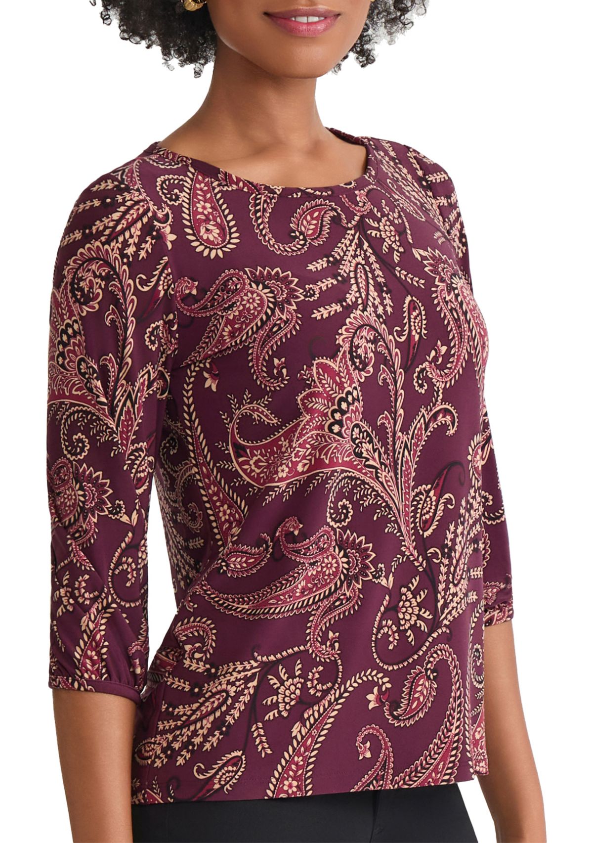 Petite Crewneck with 3/4 Puff Cuff Sleeve Top 