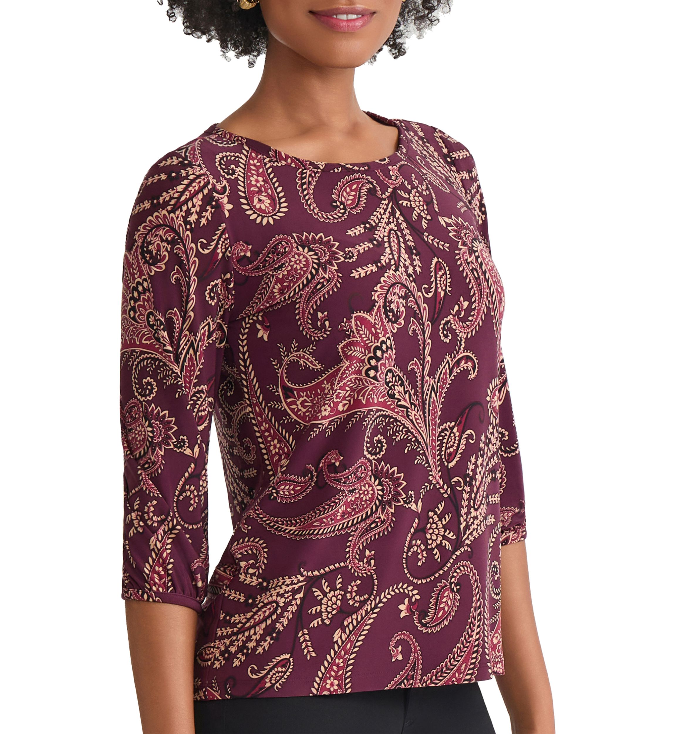 Petite Crewneck with 3/4 Puff Cuff Sleeve Top 