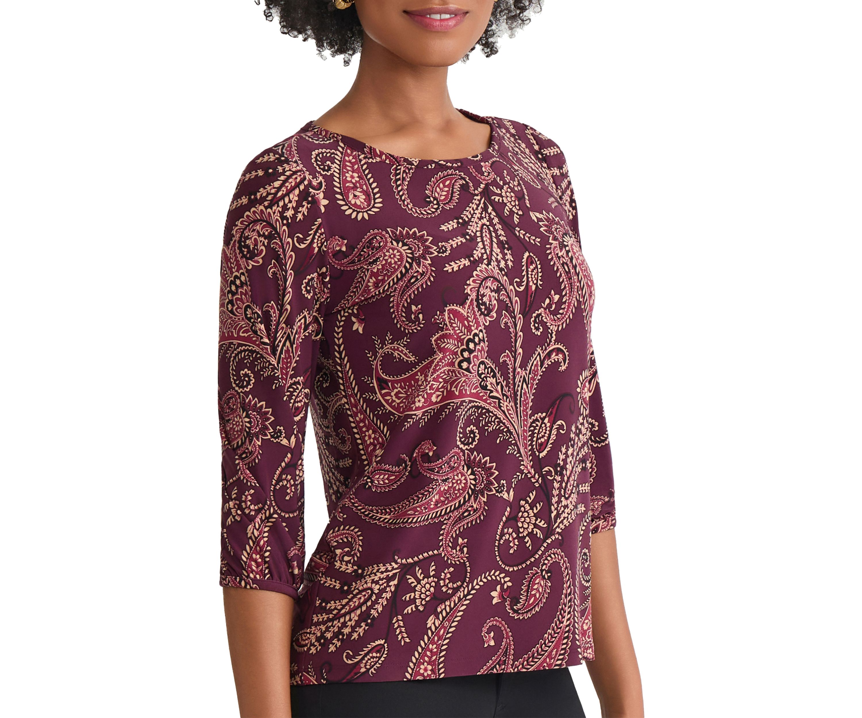 Petite Crewneck with 3/4 Puff Cuff Sleeve Top 