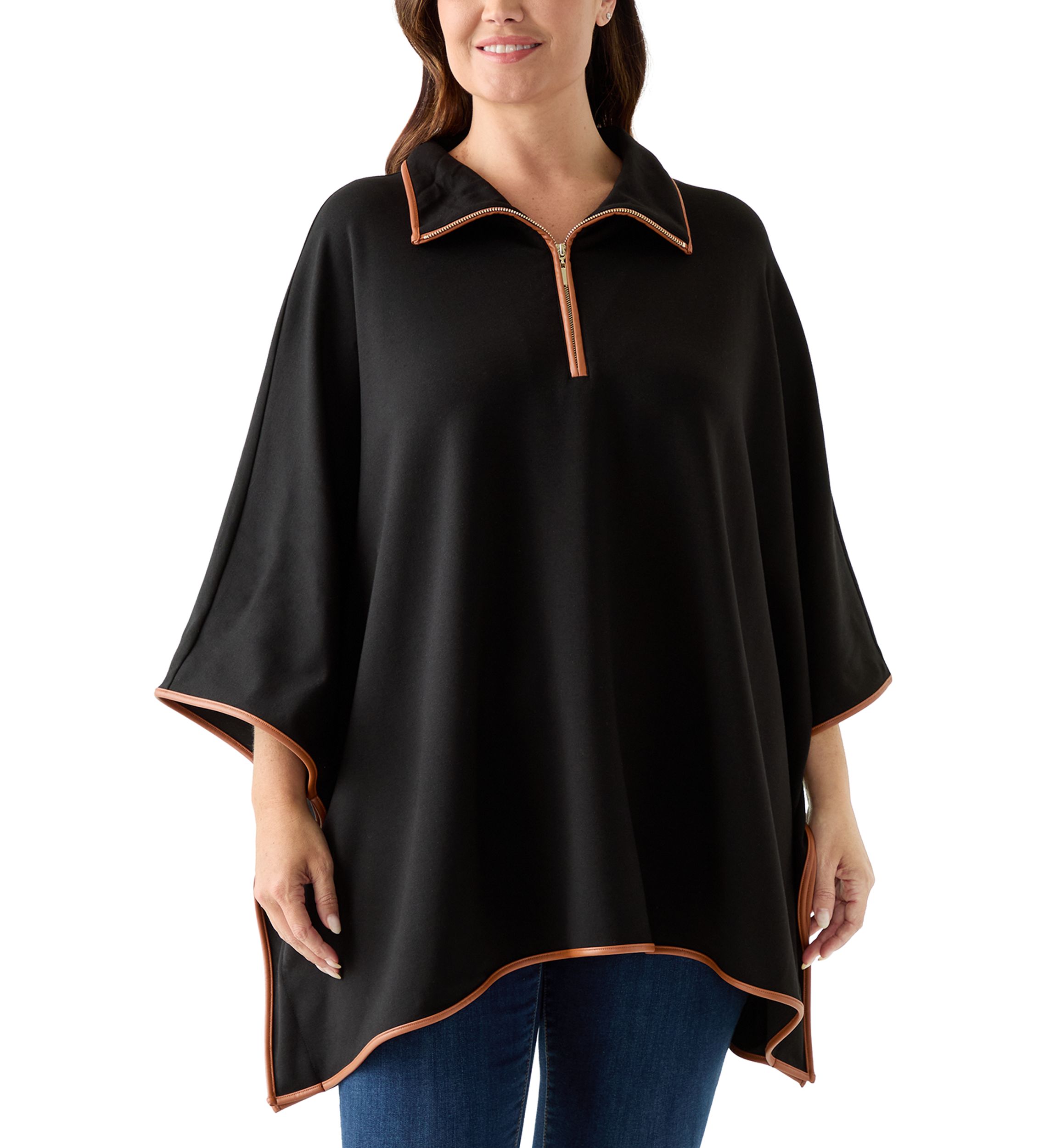 Plus Size 3/4 Zip Serenity Knit Poncho with Leather Trim