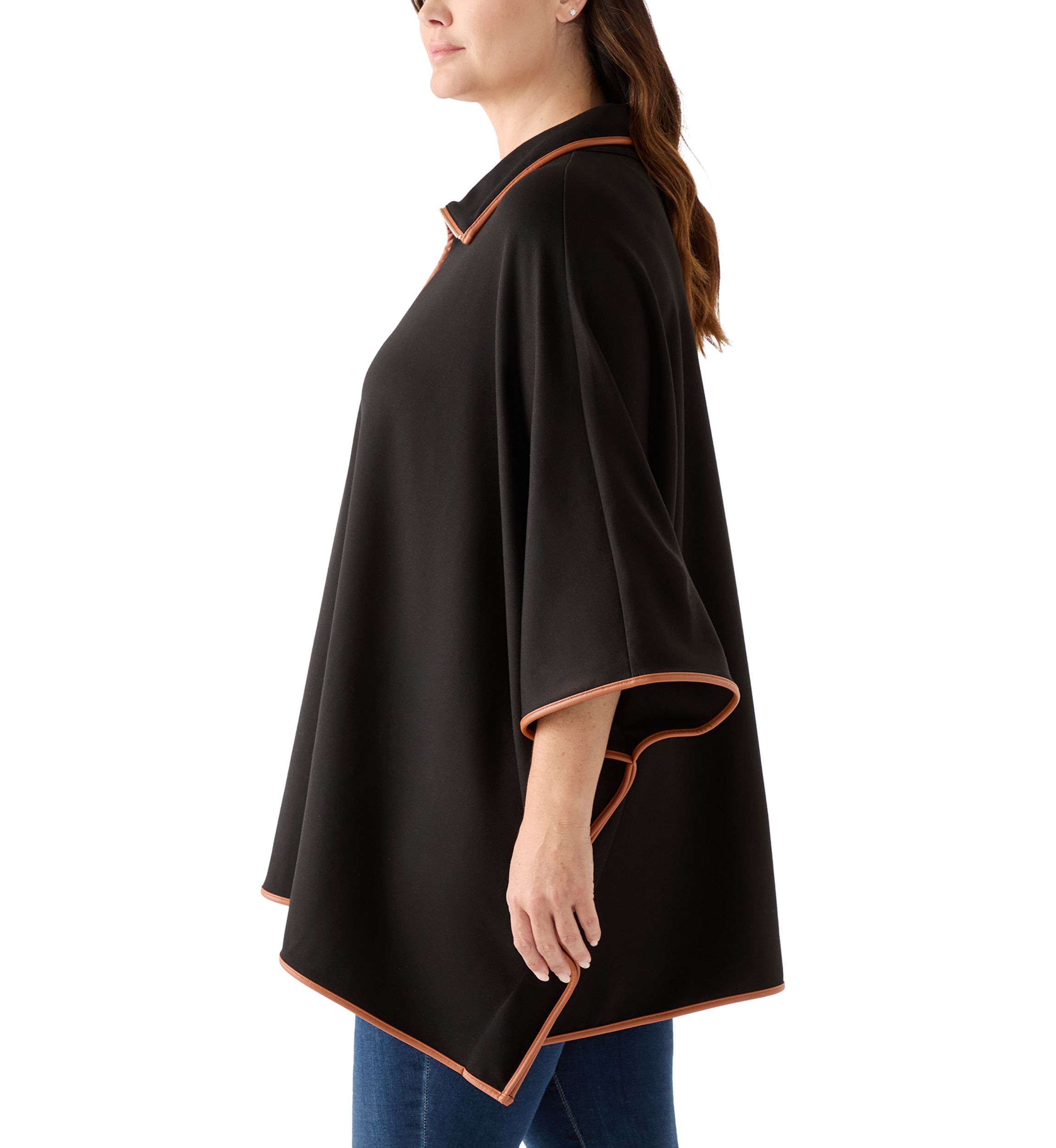 Plus Size 3/4 Zip Serenity Knit Poncho with Leather Trim