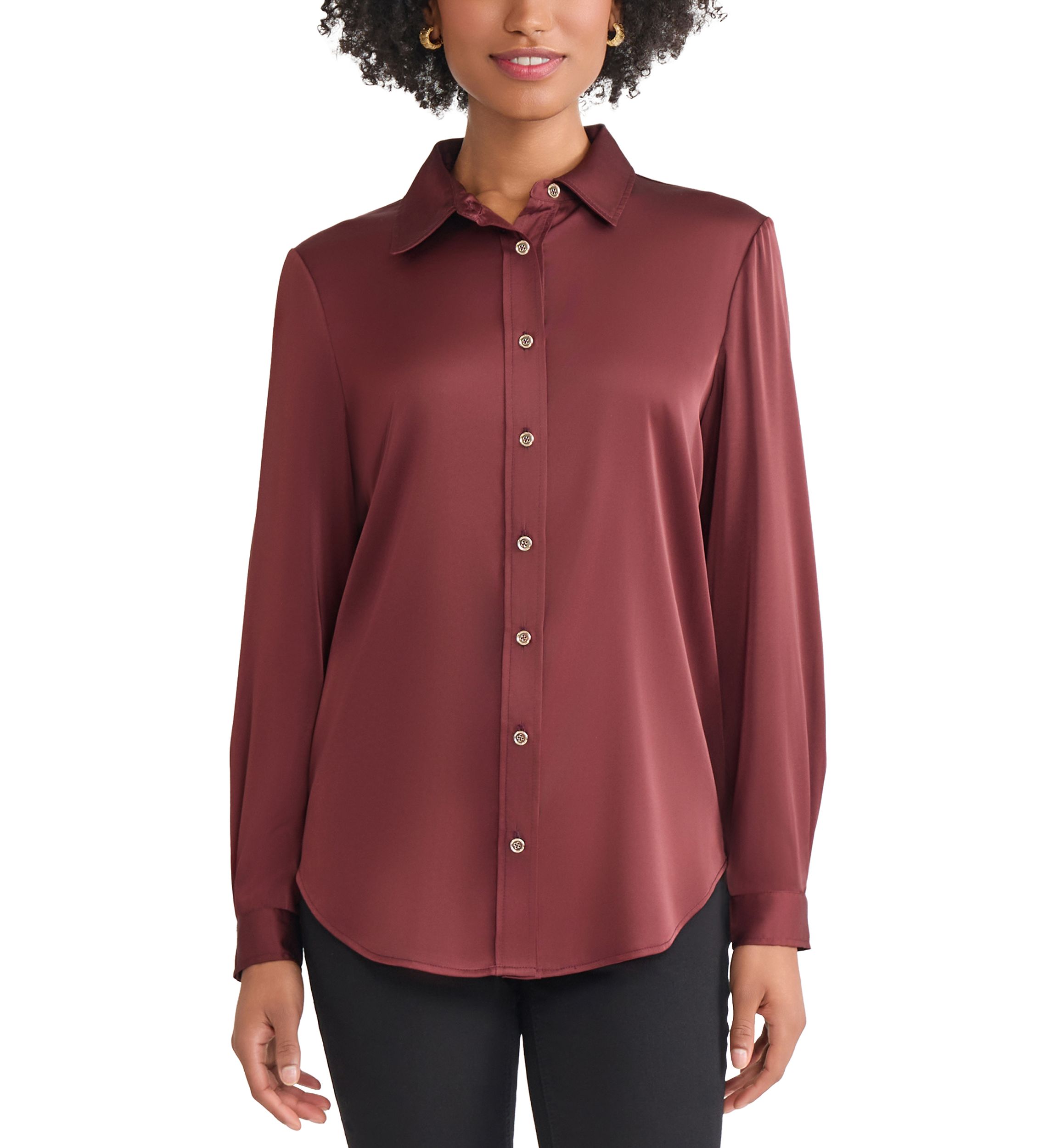 Womens Long Sleeve Collared Satin Button Front Blouse 