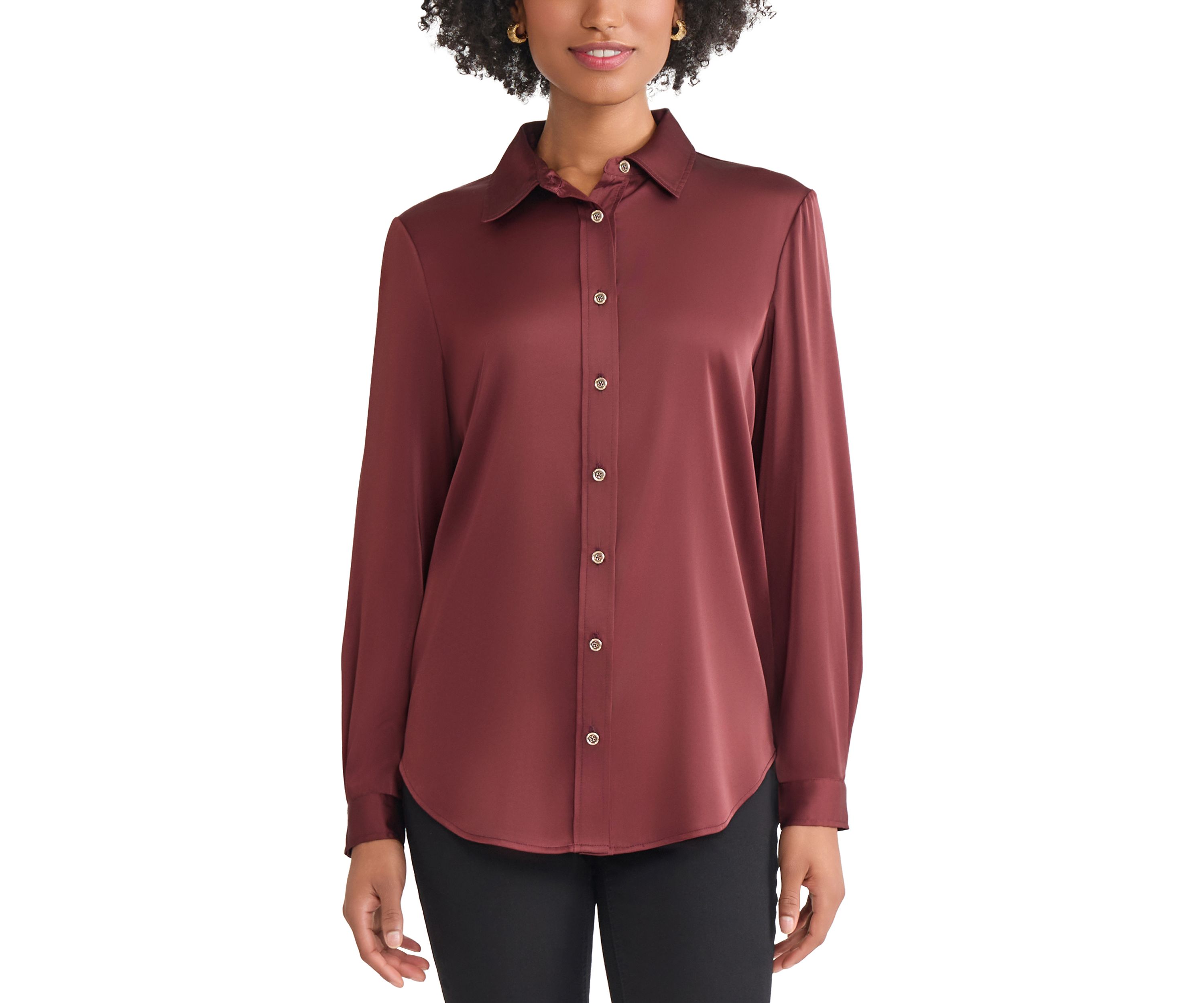 Womens Long Sleeve Collared Satin Button Front Blouse 