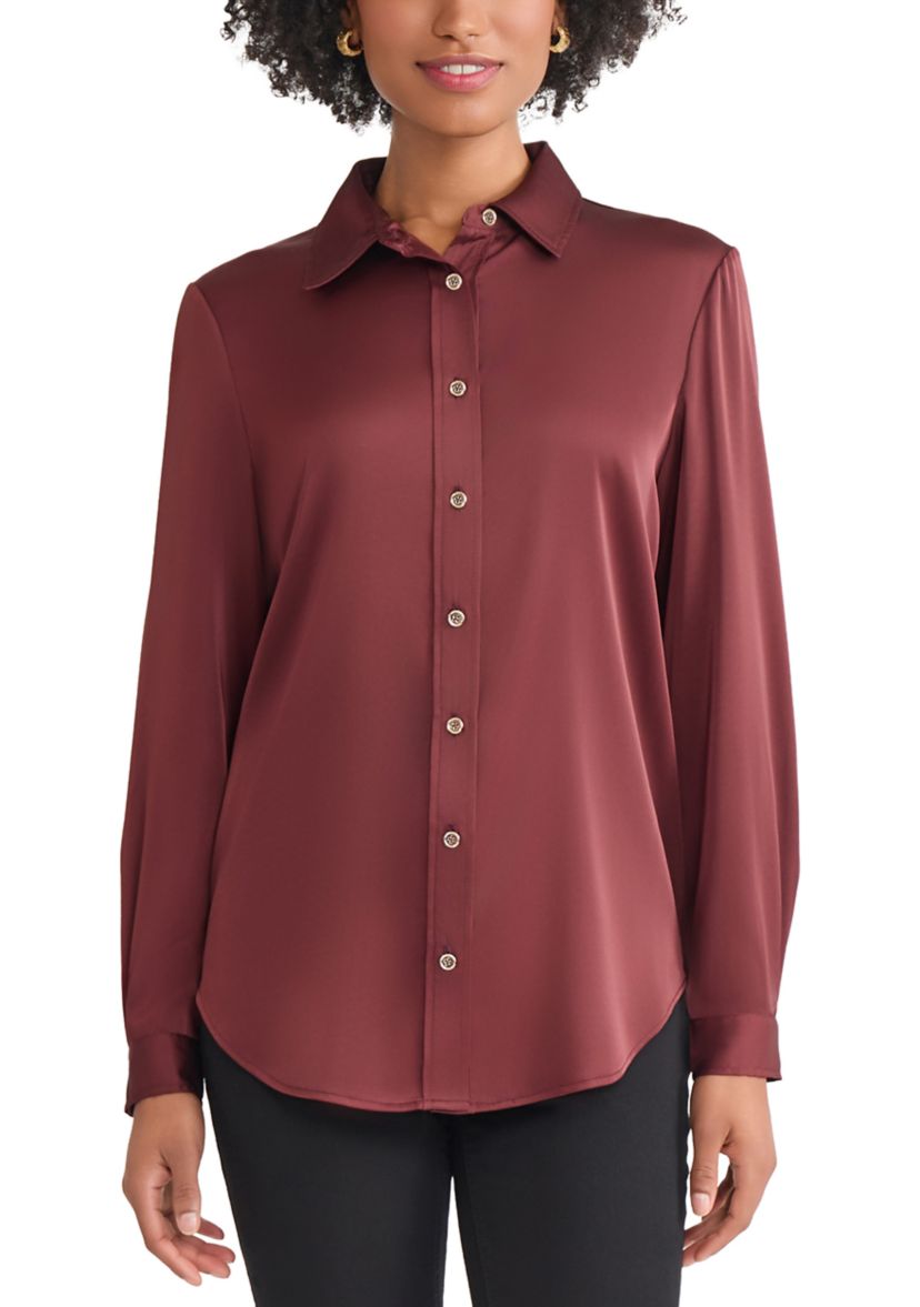Womens Long Sleeve Collared Satin Button Front Blouse 