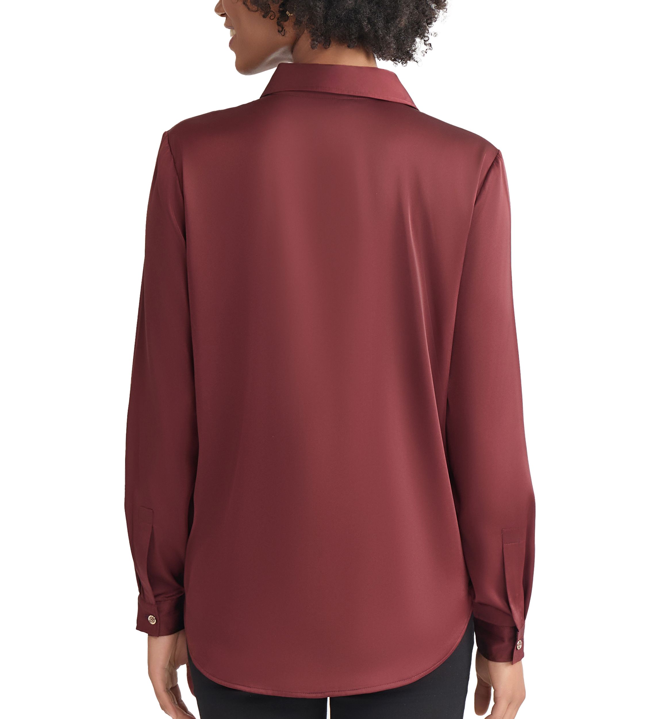 Womens Long Sleeve Collared Satin Button Front Blouse 