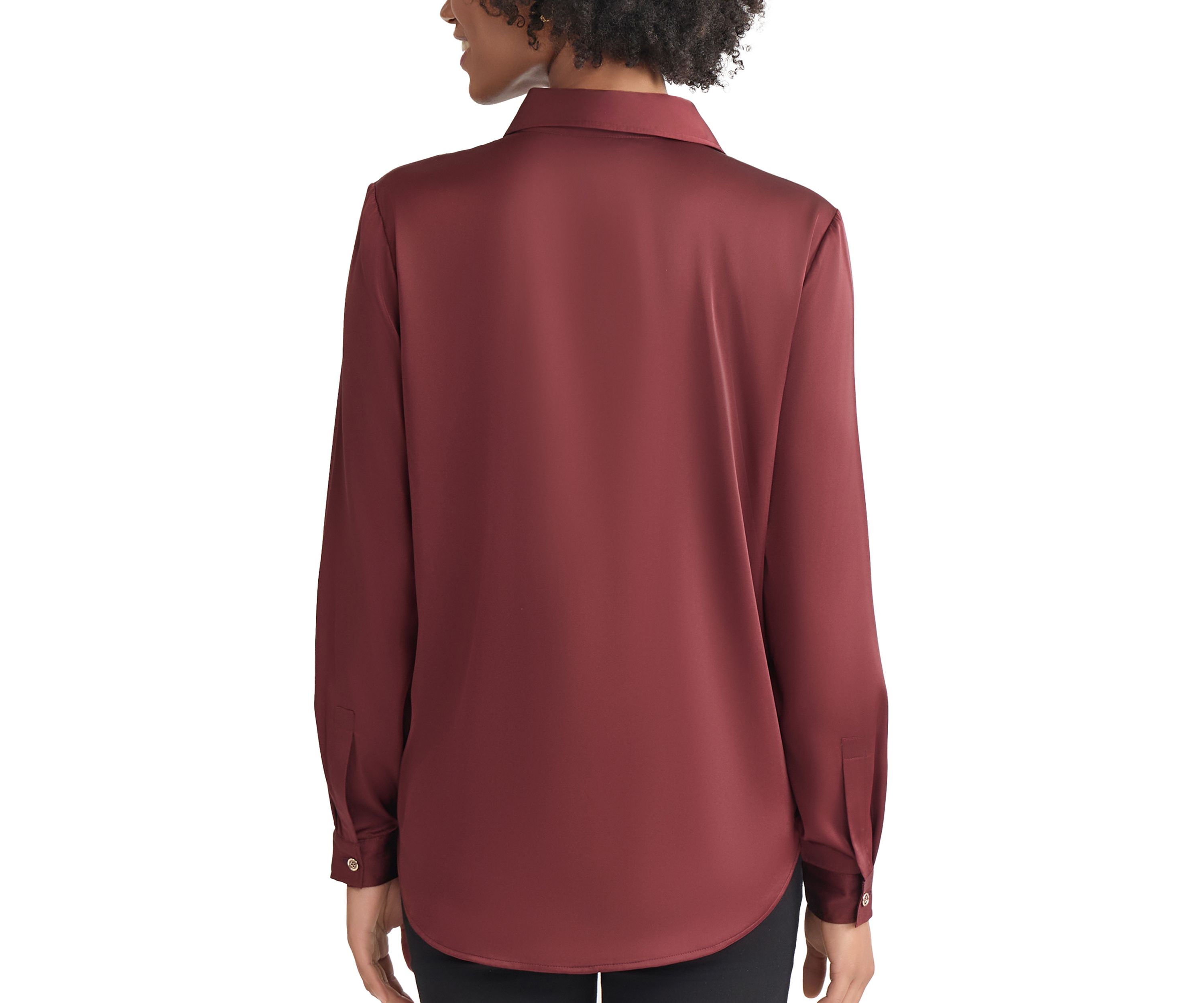 Womens Long Sleeve Collared Satin Button Front Blouse 