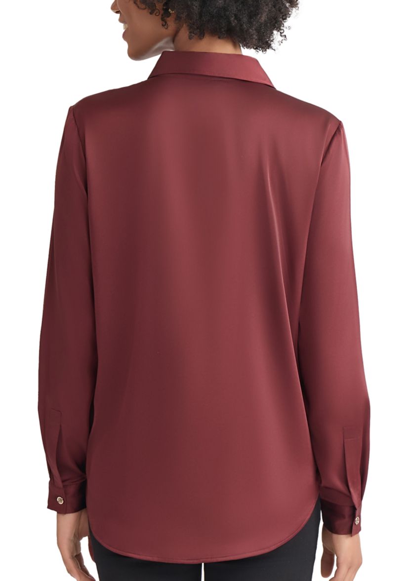 Womens Long Sleeve Collared Satin Button Front Blouse 