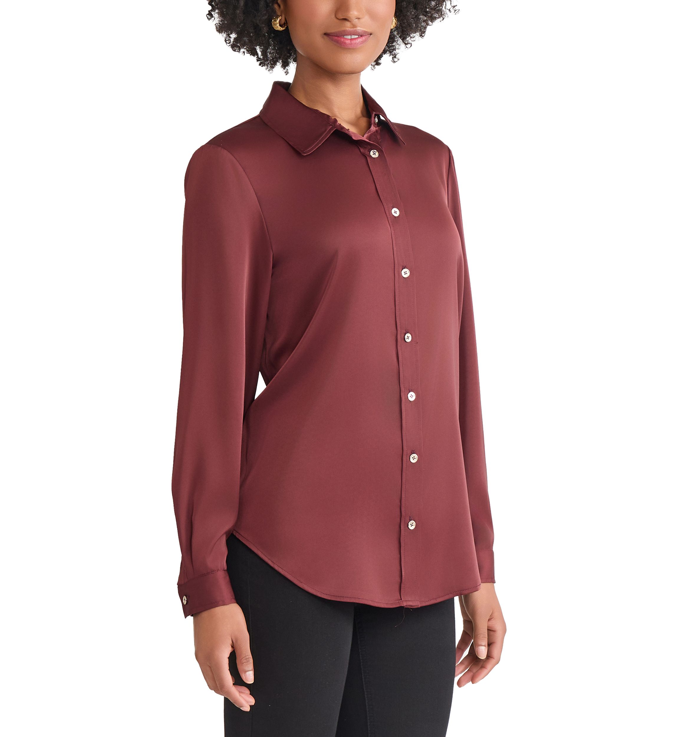 Womens Long Sleeve Collared Satin Button Front Blouse 