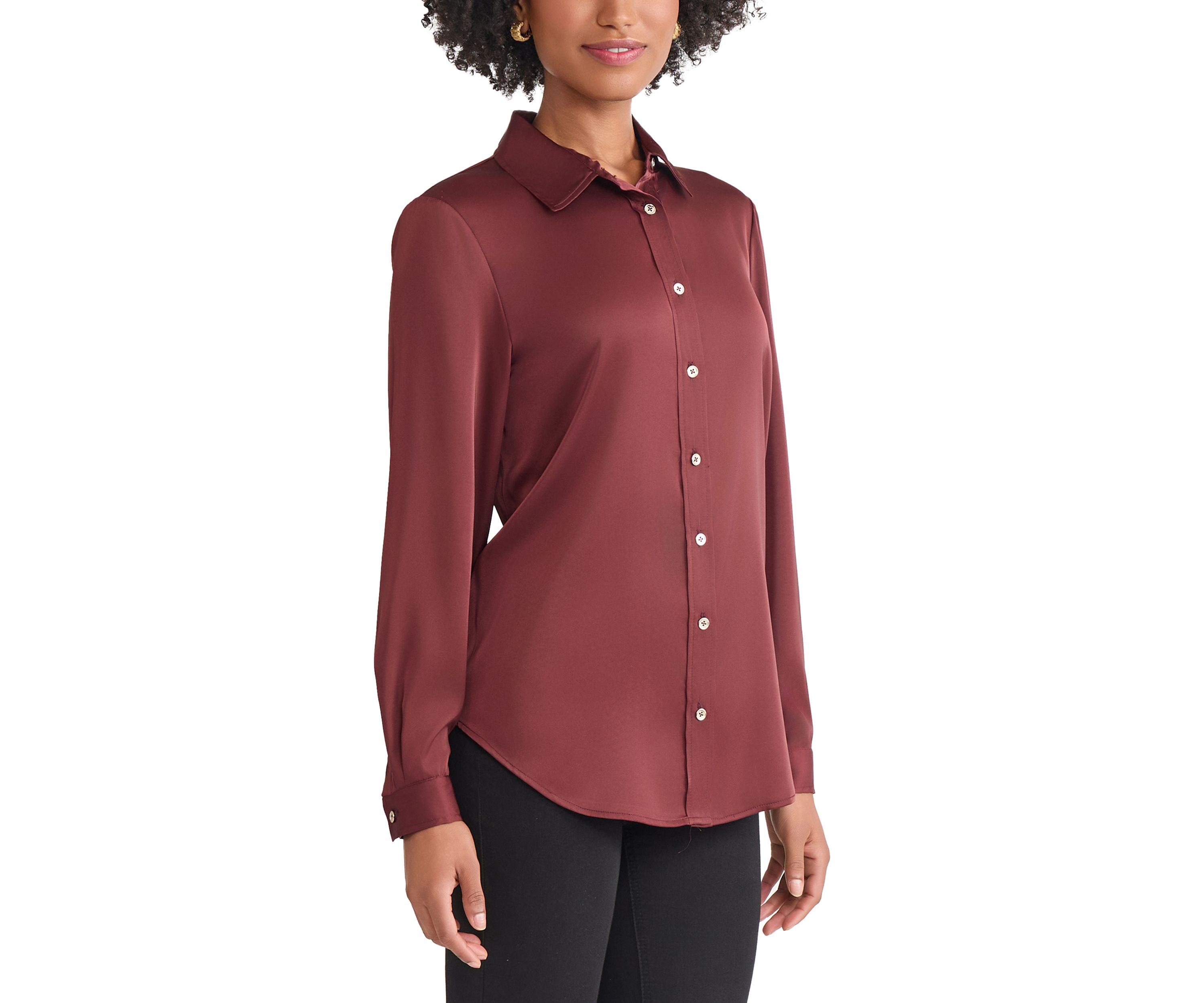 Womens Long Sleeve Collared Satin Button Front Blouse 