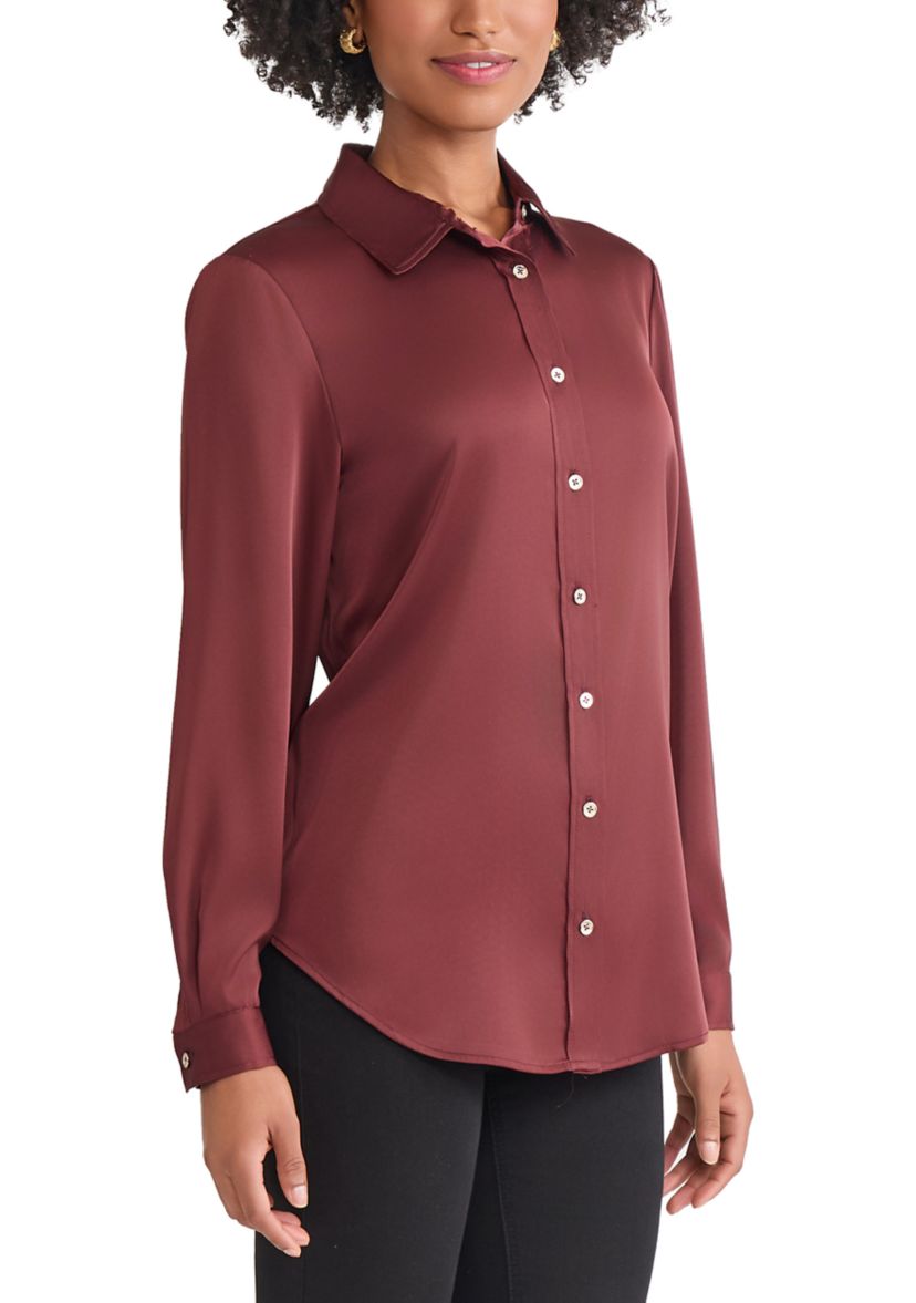 Womens Long Sleeve Collared Satin Button Front Blouse 