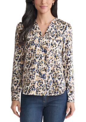 JONES NEW YORK Women's Long Sleeve Printed Utility Blouse