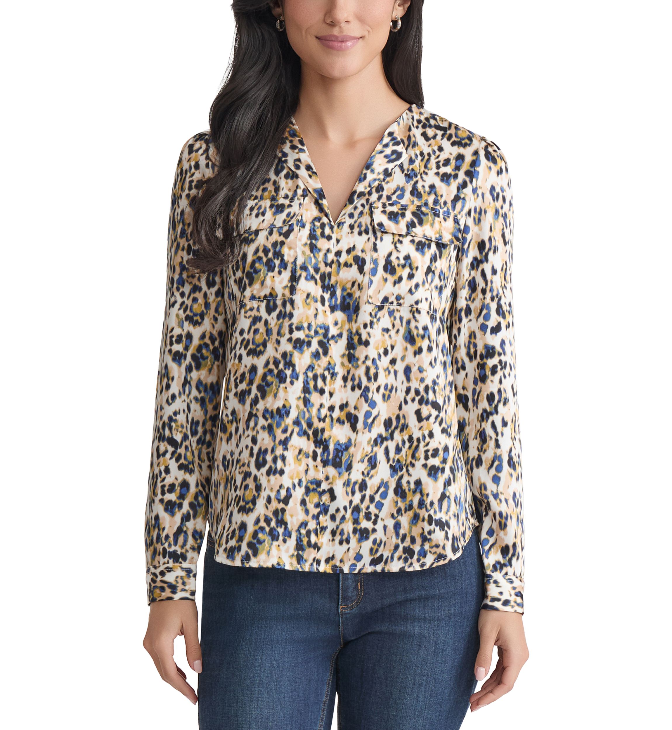 Womens Long Sleeve Printed Utility Blouse 