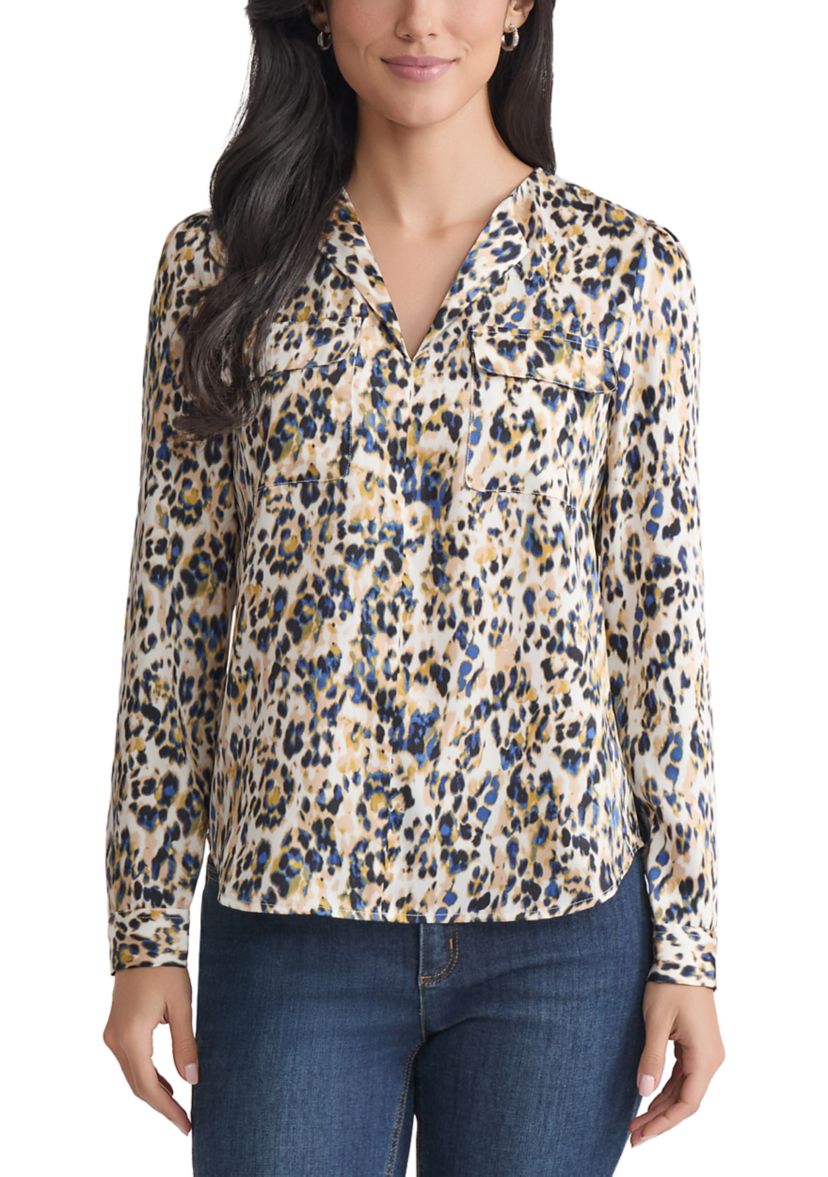 Womens Long Sleeve Printed Utility Blouse 