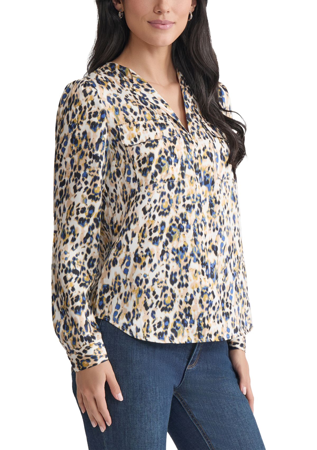 Womens Long Sleeve Printed Utility Blouse 