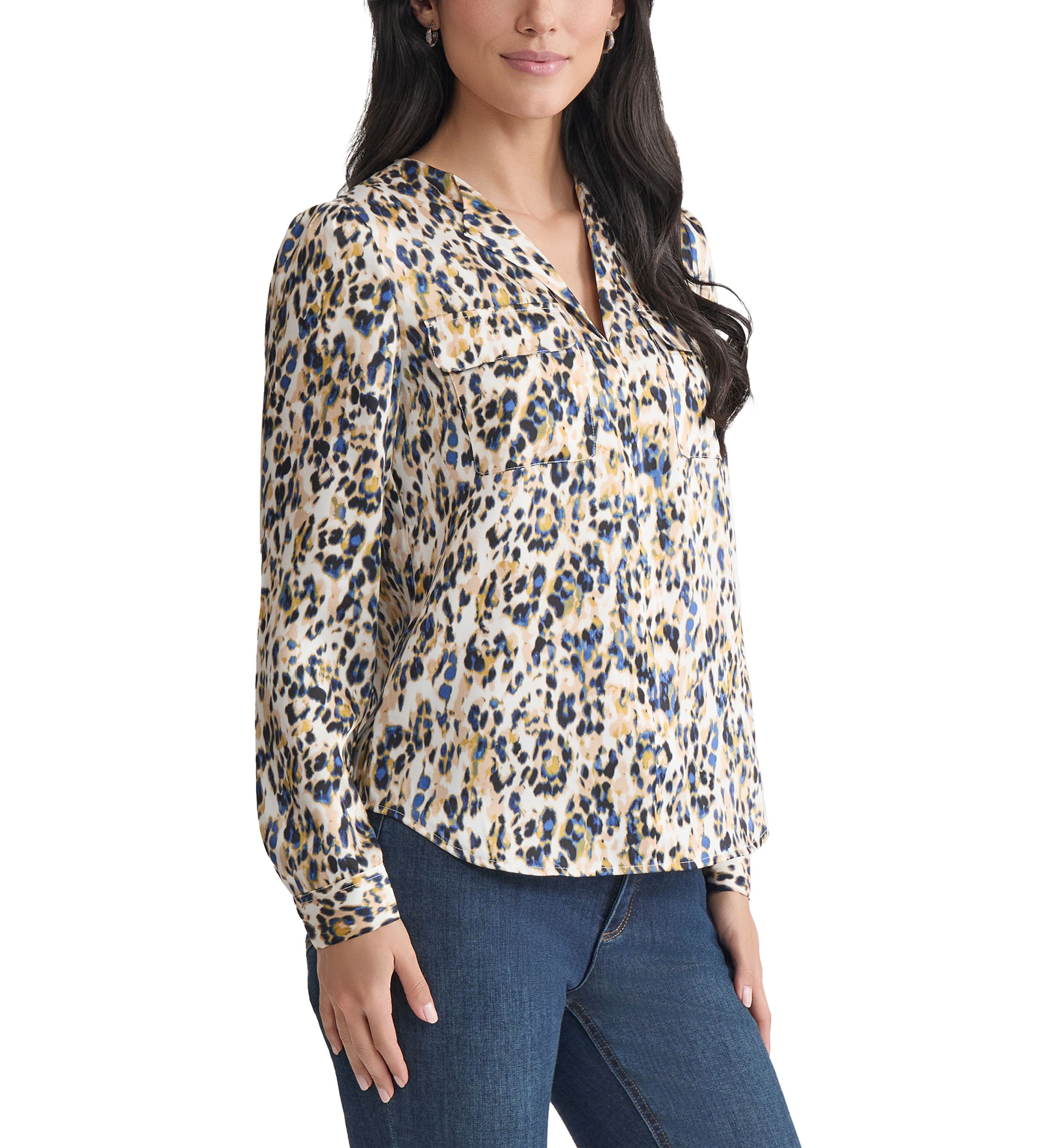 Womens Long Sleeve Printed Utility Blouse 