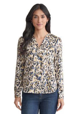 JONES NEW YORK Women's Petite Long Sleeve Simplified Utility Blouse with Pockets - Printed Satin Twill, White
