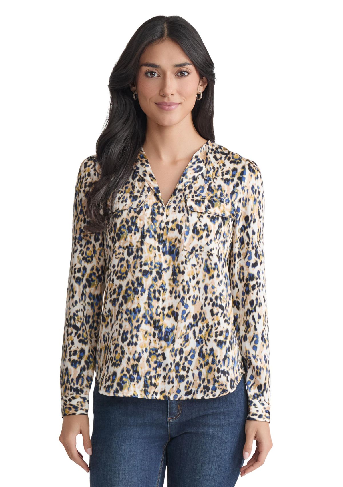Petite Long Sleeve Simplified Utility Blouse with Pockets - Printed Satin Twill