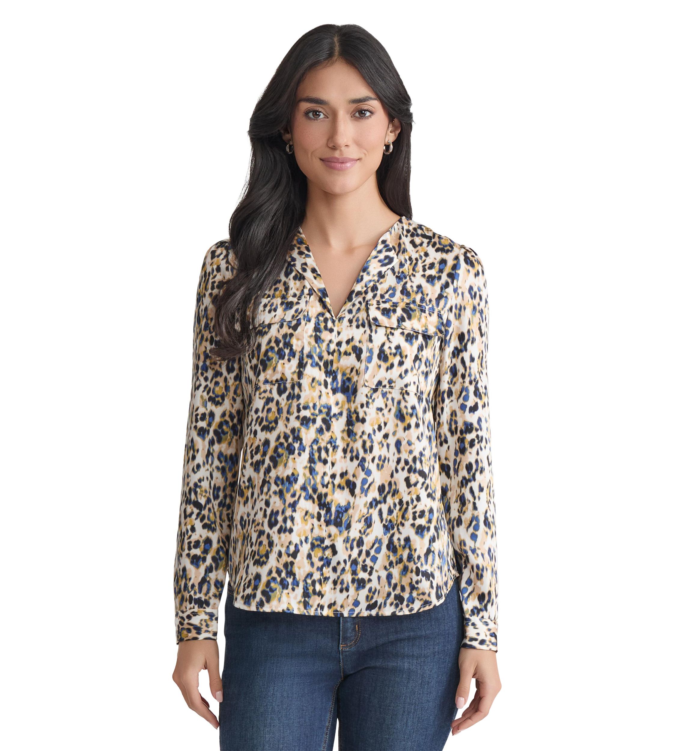Petite Long Sleeve Simplified Utility Blouse with Pockets - Printed Satin Twill
