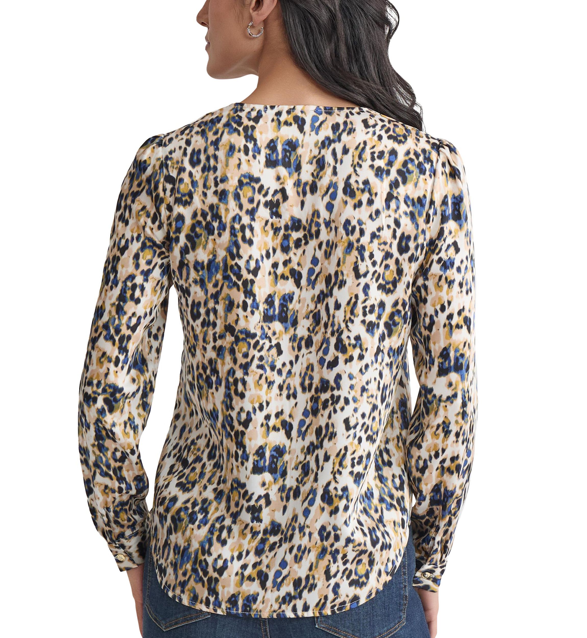 Petite Long Sleeve Simplified Utility Blouse with Pockets - Printed Satin Twill