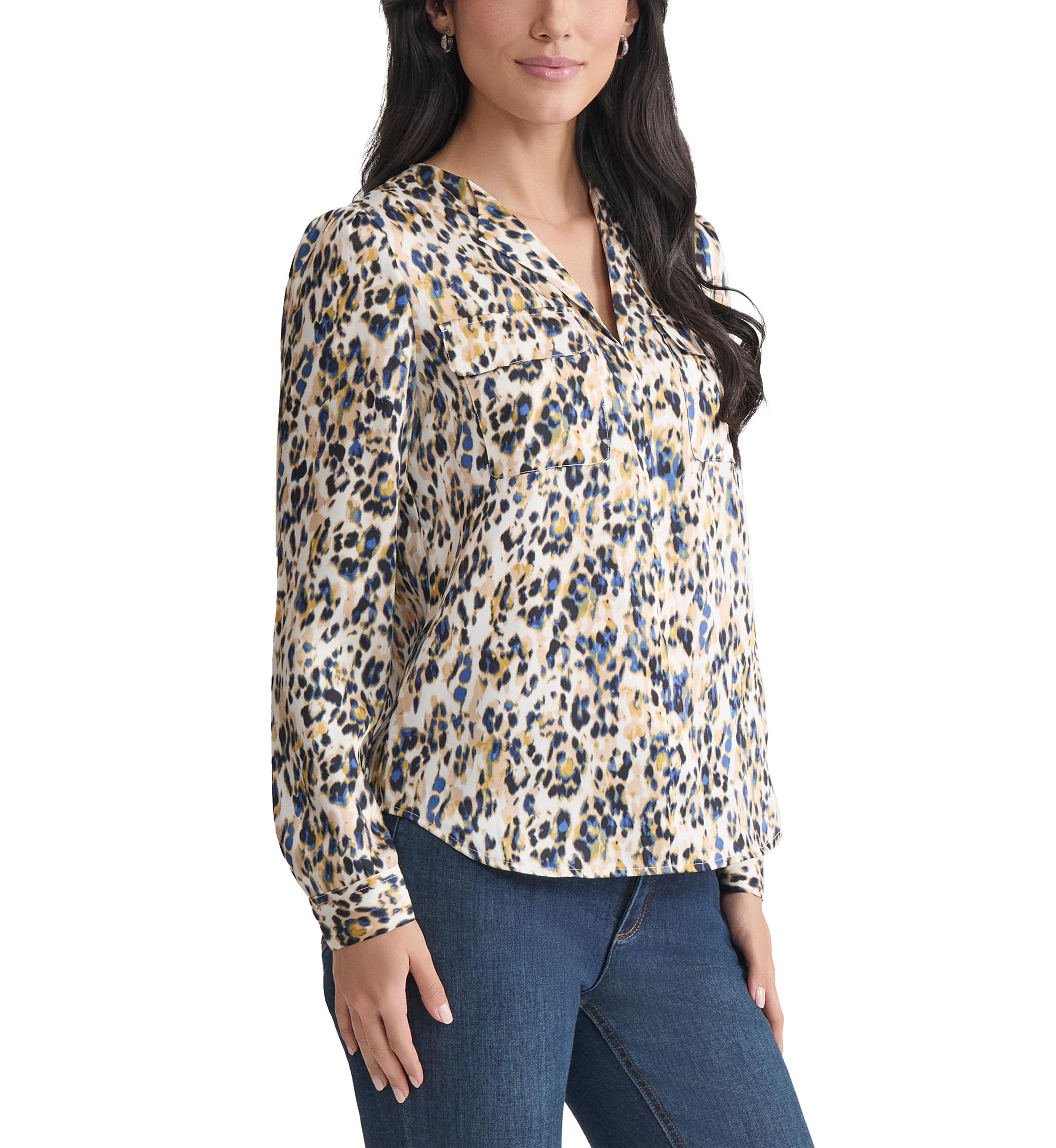 Petite Long Sleeve Simplified Utility Blouse with Pockets - Printed Satin Twill