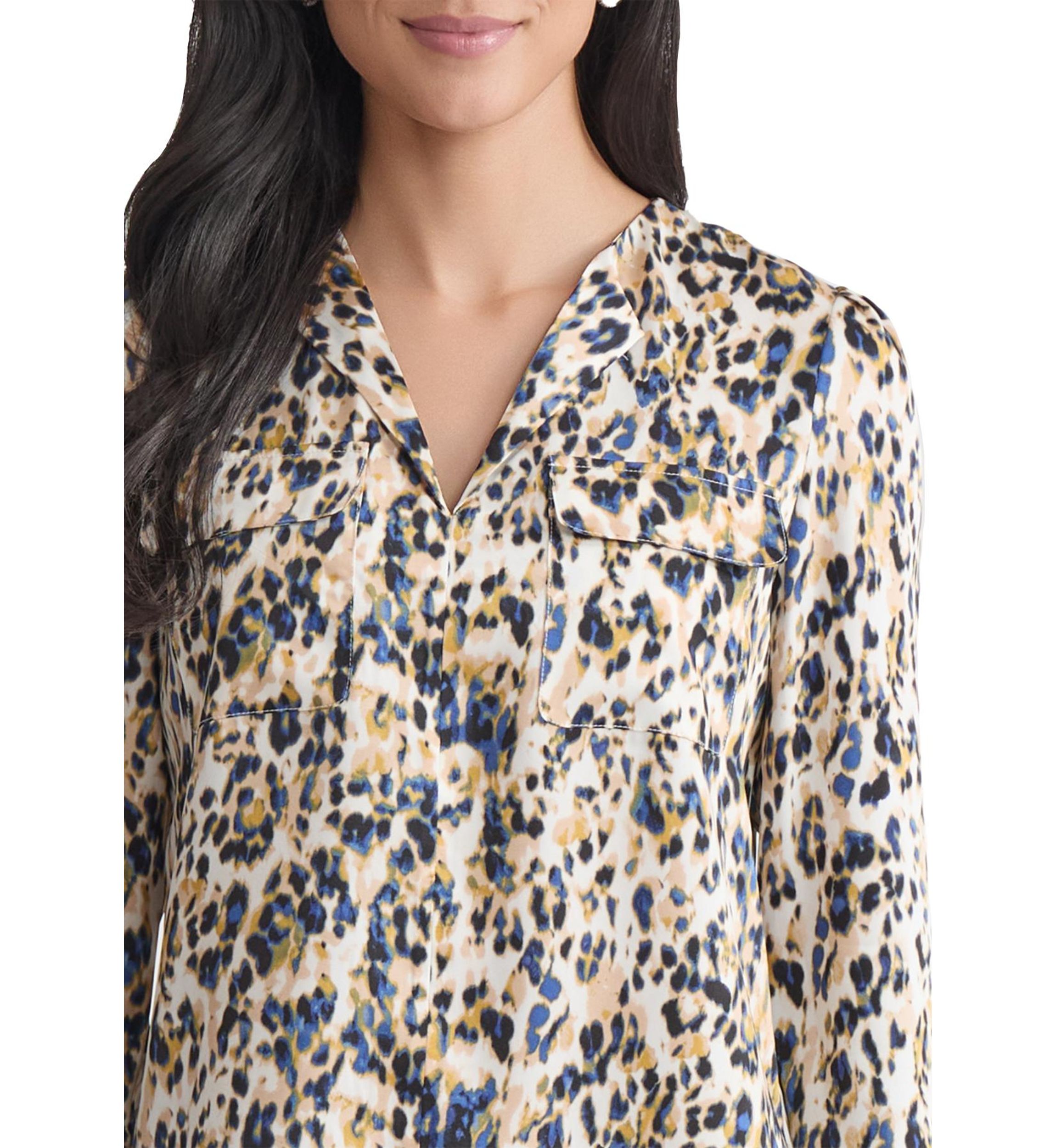 Petite Long Sleeve Simplified Utility Blouse with Pockets - Printed Satin Twill