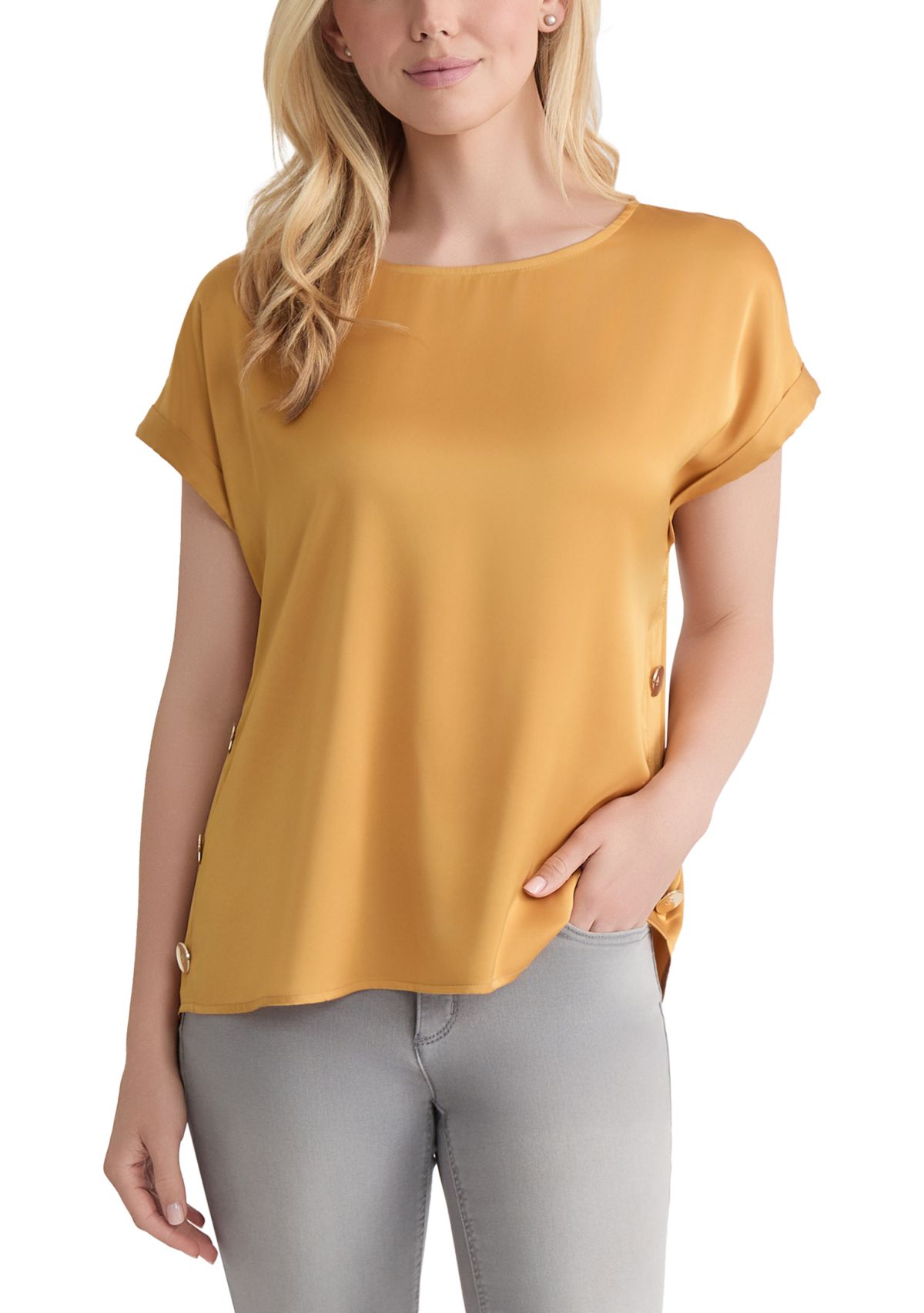 Womens Short Sleeve Side Button Crepe Top 