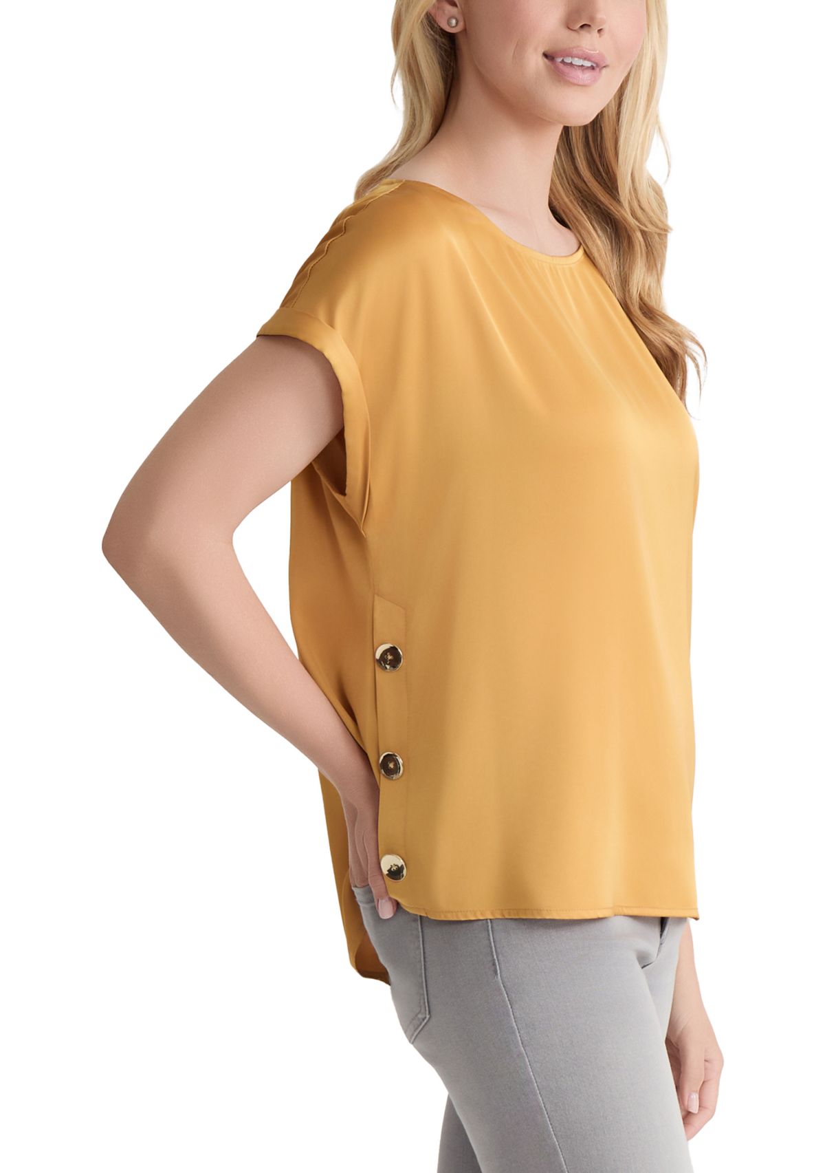 Womens Short Sleeve Side Button Crepe Top 