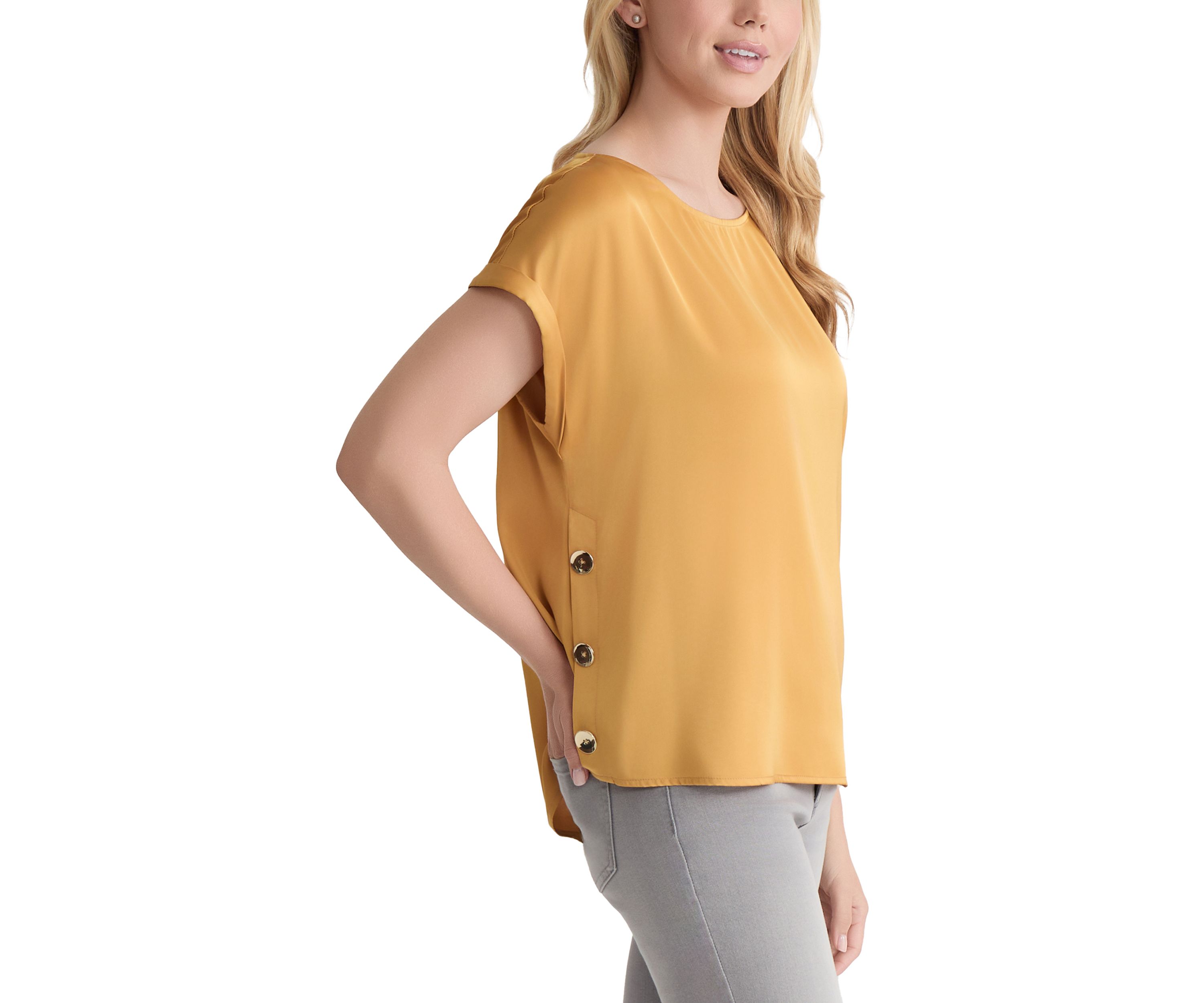 Womens Short Sleeve Side Button Crepe Top 
