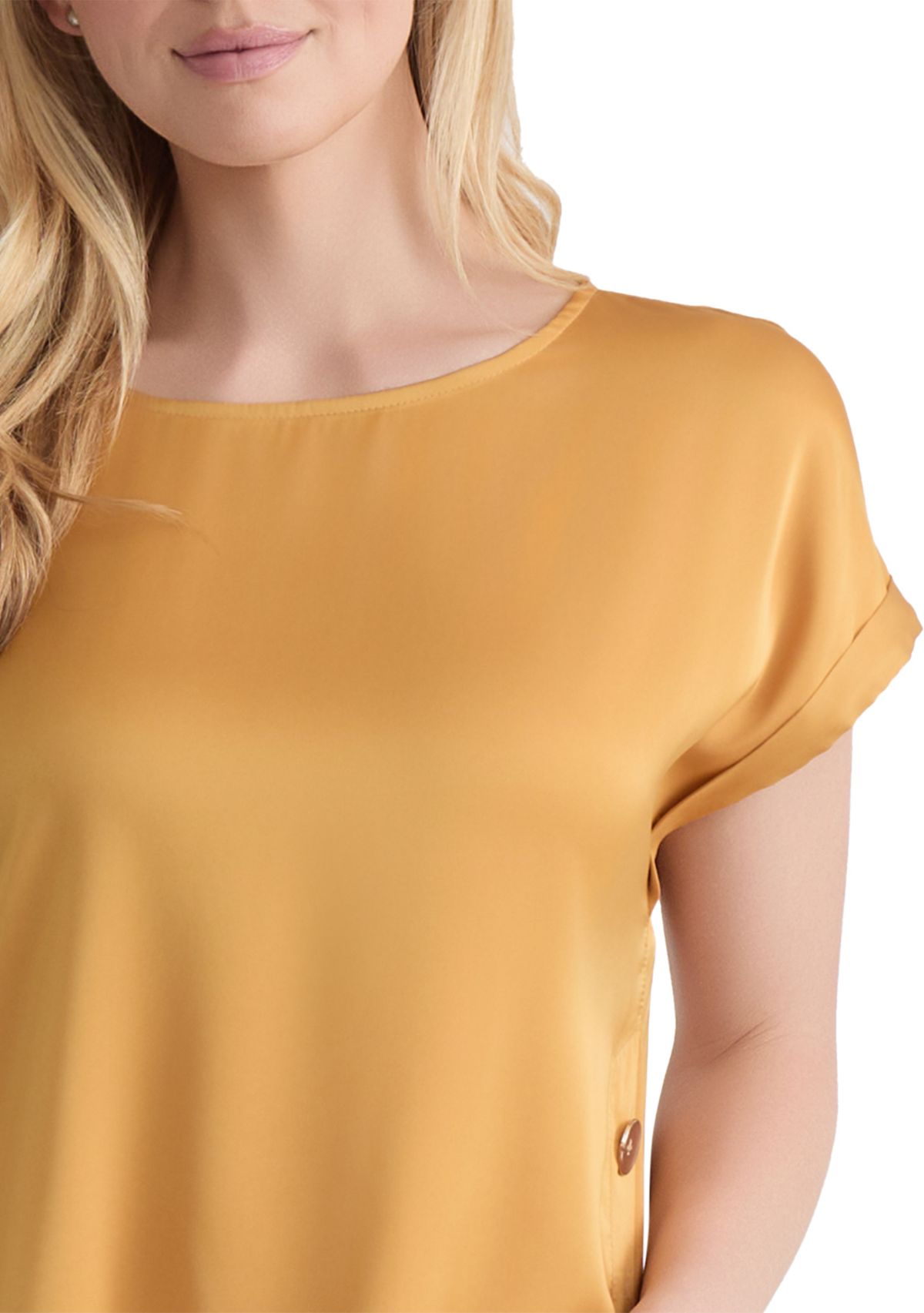 Womens Short Sleeve Side Button Crepe Top 