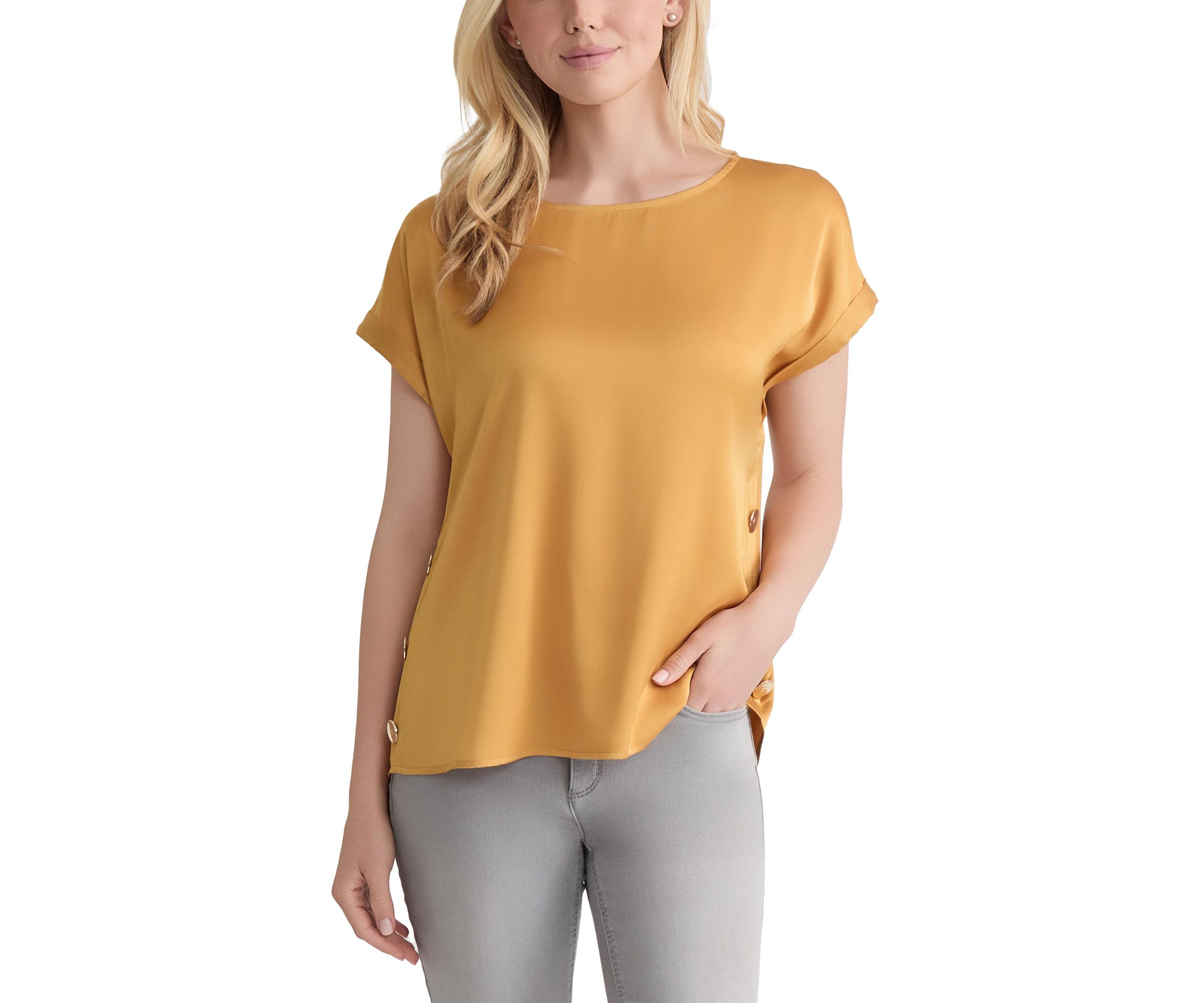 Petite Short Sleeve Button Detail Blouse - Hammered Satin 