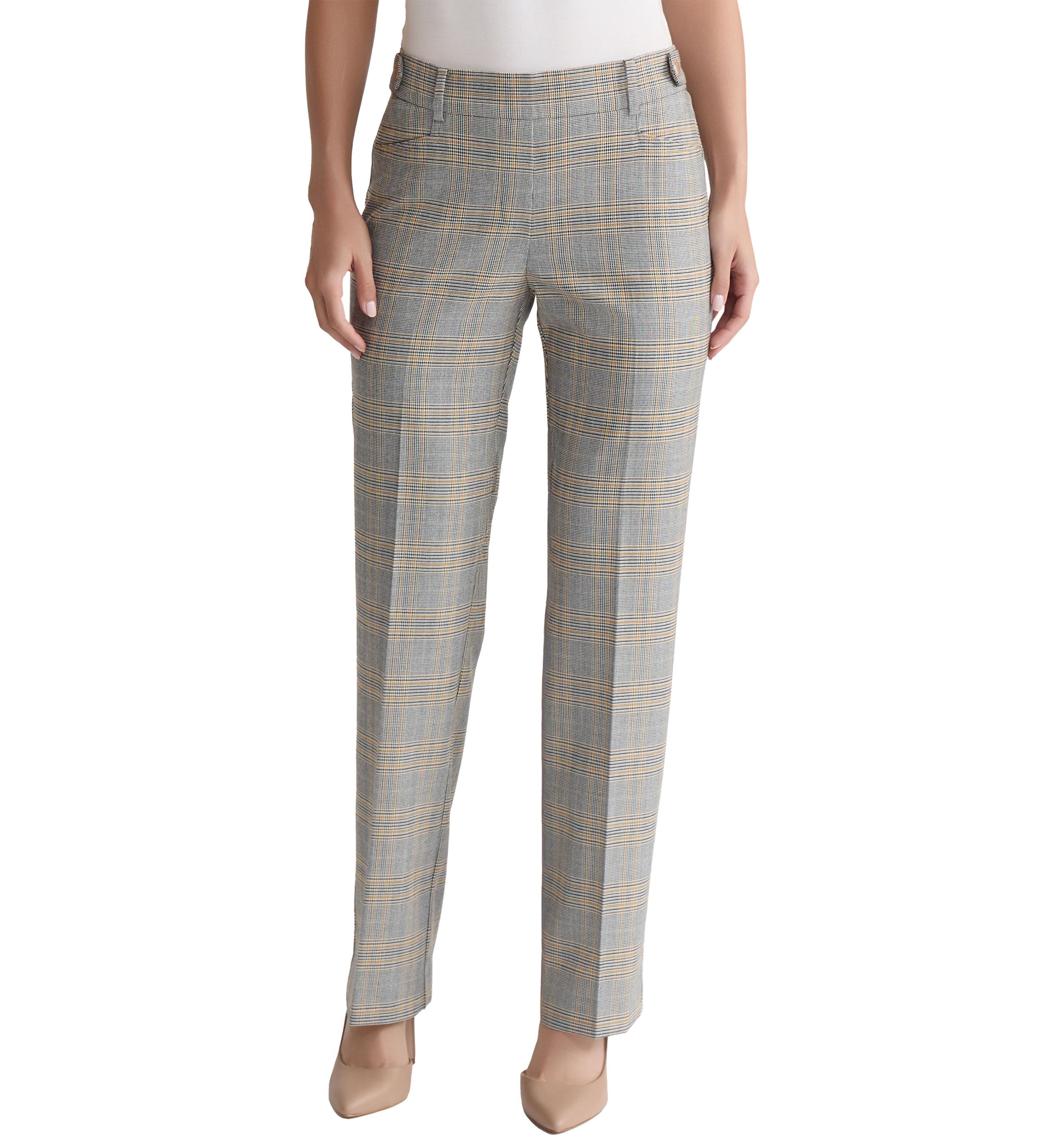 Petite Pull-On Belt Loop Button Tab Trousers - Glen Plaid 
