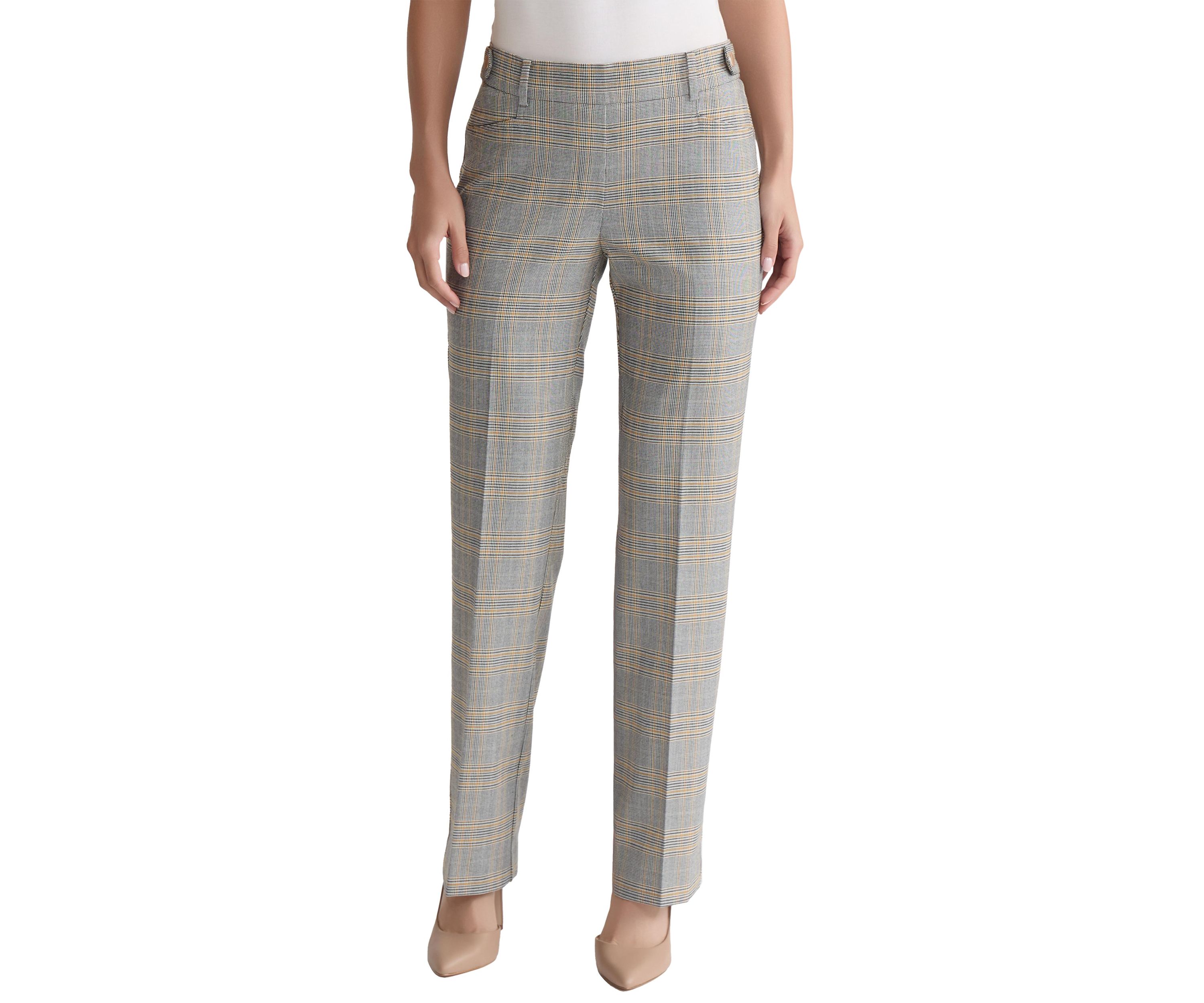 Petite Pull-On Belt Loop Button Tab Trousers - Glen Plaid 