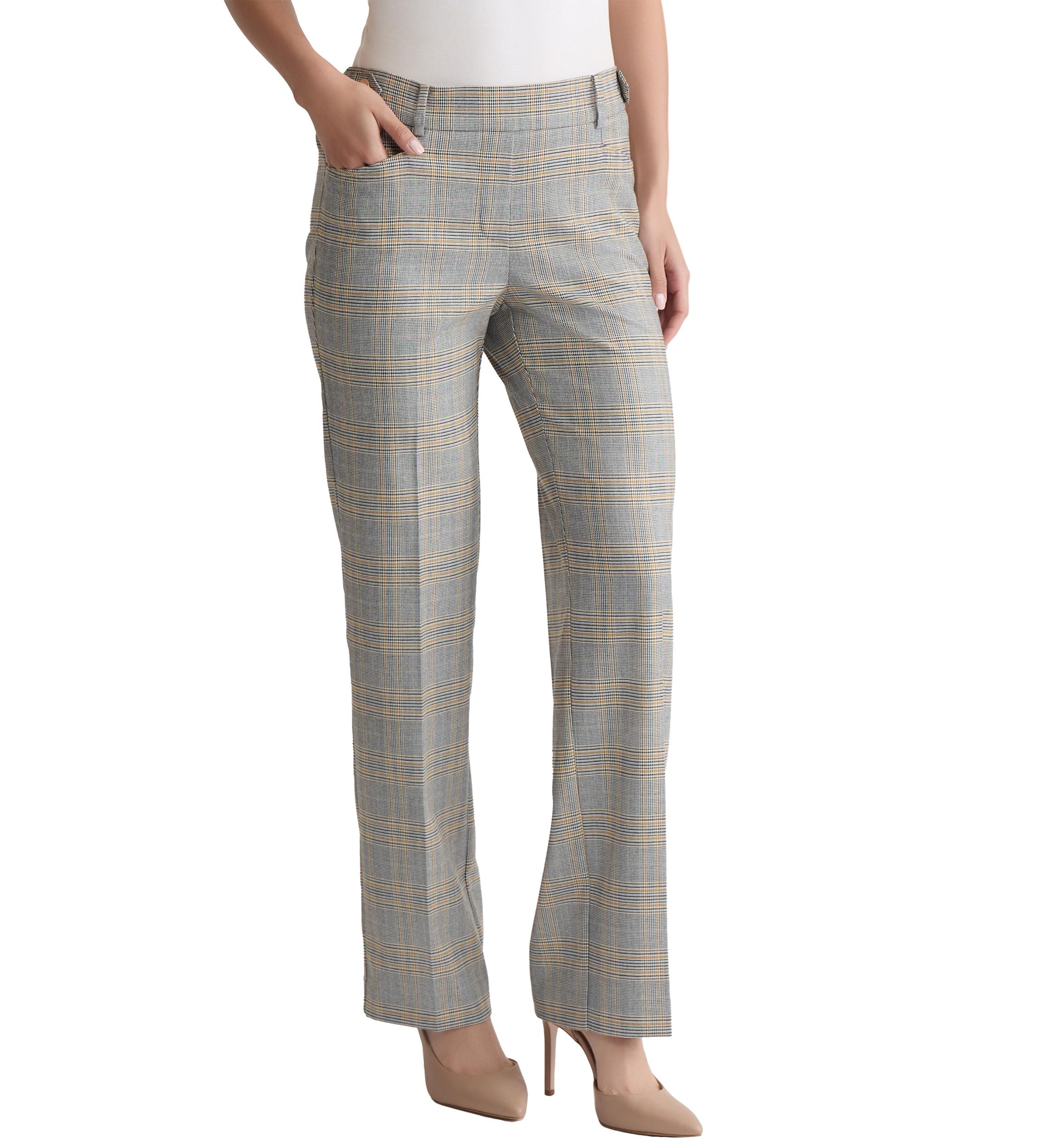 Petite Pull-On Belt Loop Button Tab Trousers - Glen Plaid 
