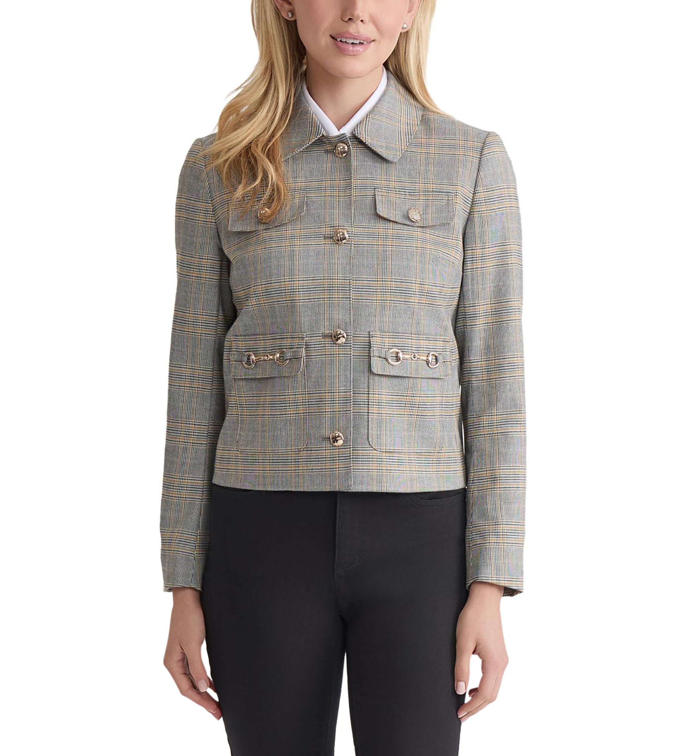 Petite Button Down Jacket with Pockets - Glen Plaid