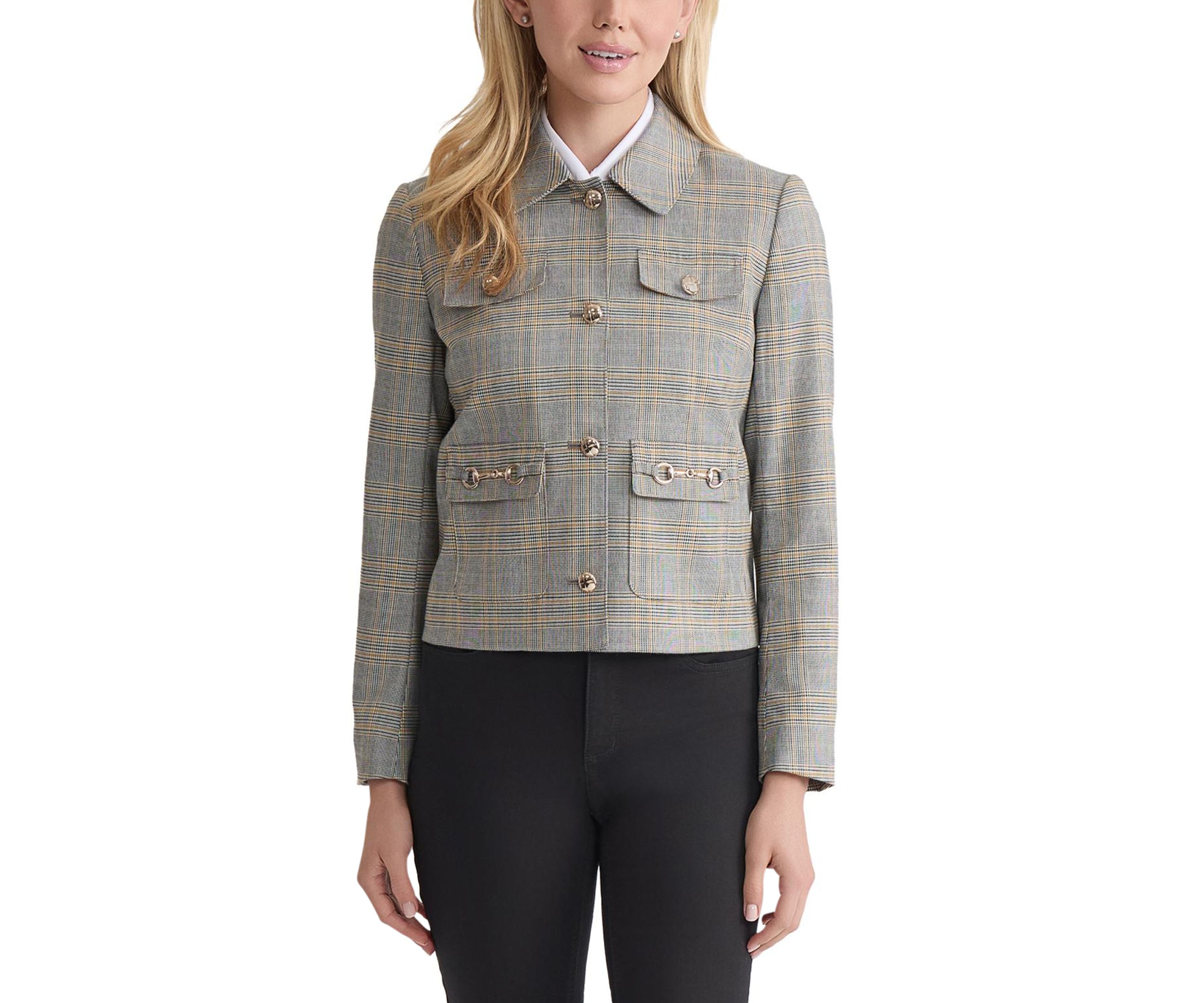 Petite Button Down Jacket with Pockets - Glen Plaid
