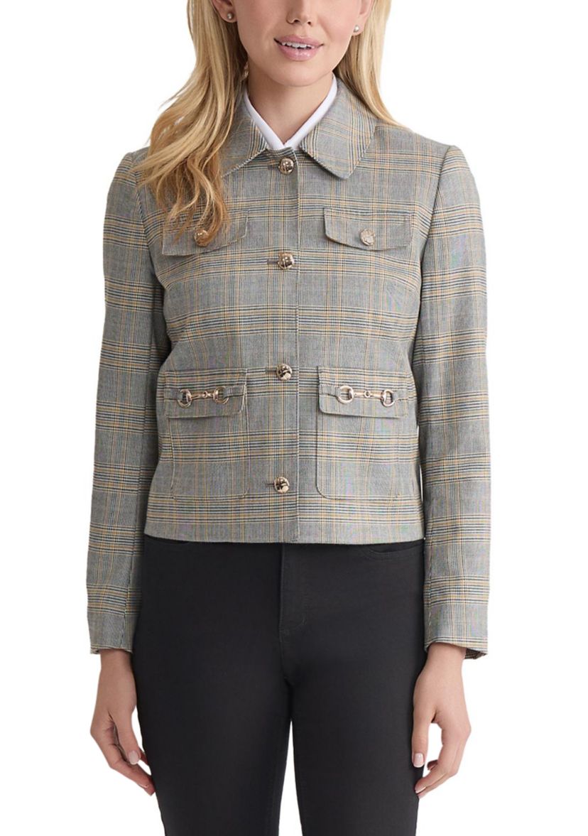 Petite Button Down Jacket with Pockets - Glen Plaid