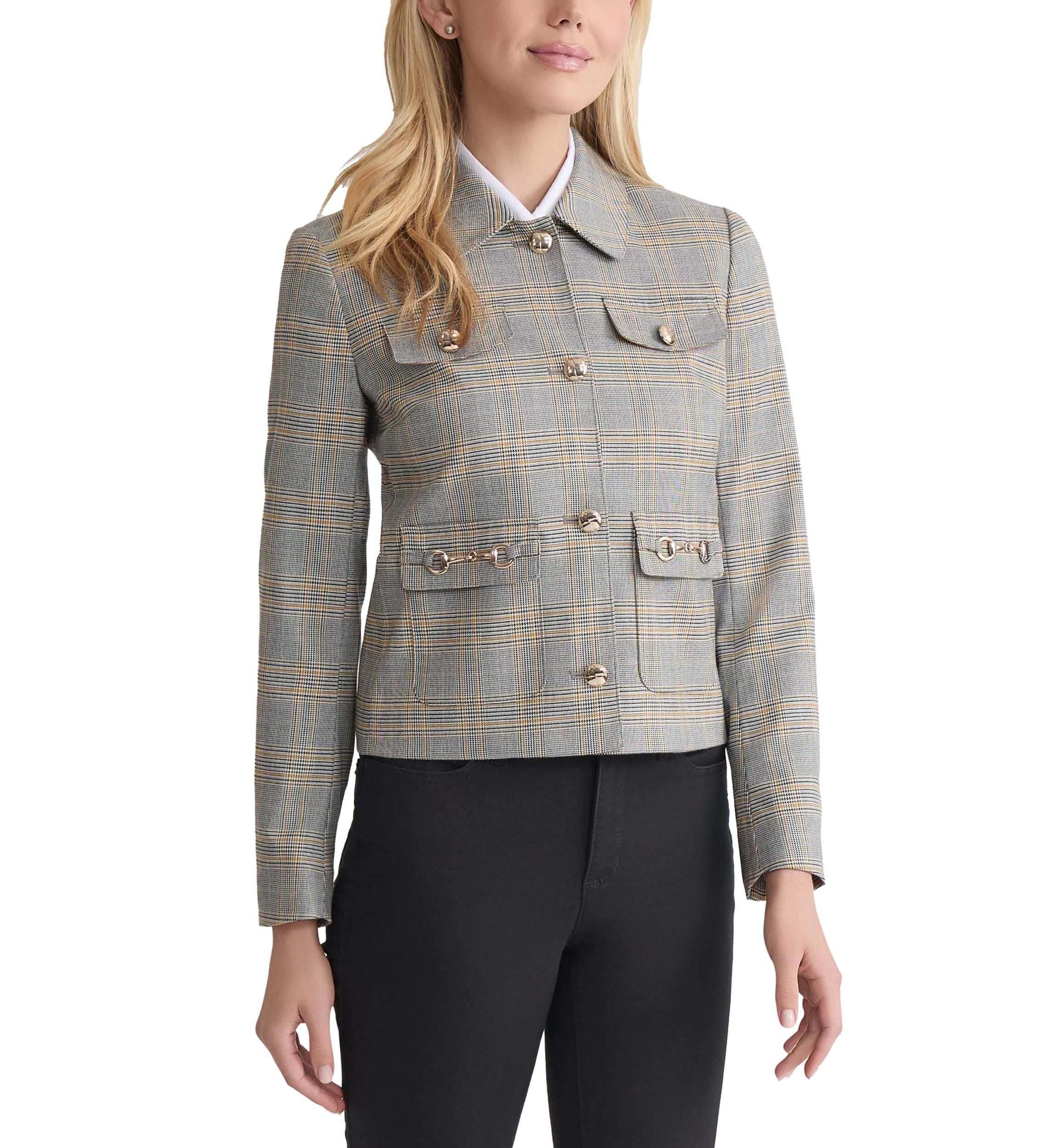 Petite Button Down Jacket with Pockets - Glen Plaid