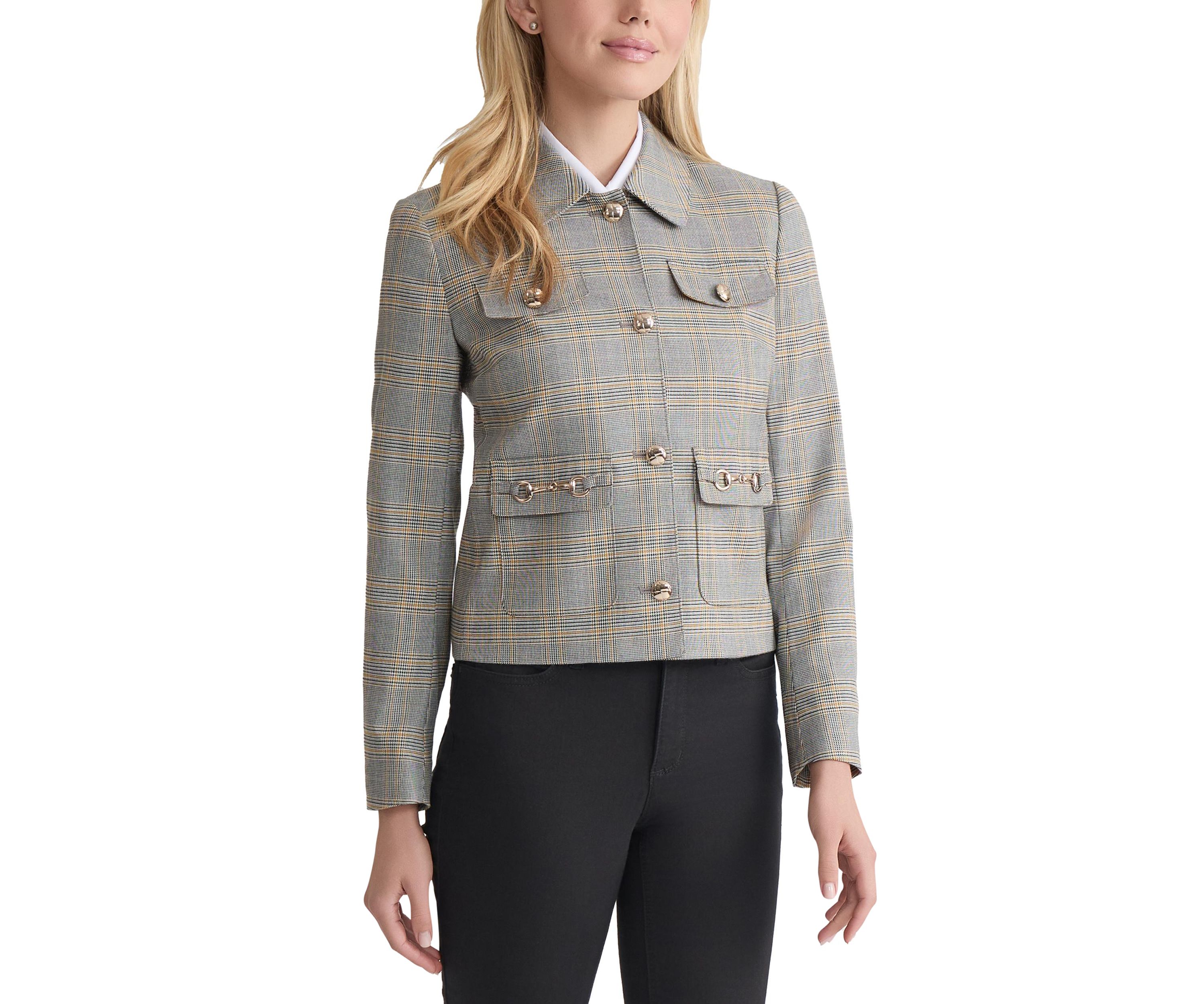 Petite Button Down Jacket with Pockets - Glen Plaid