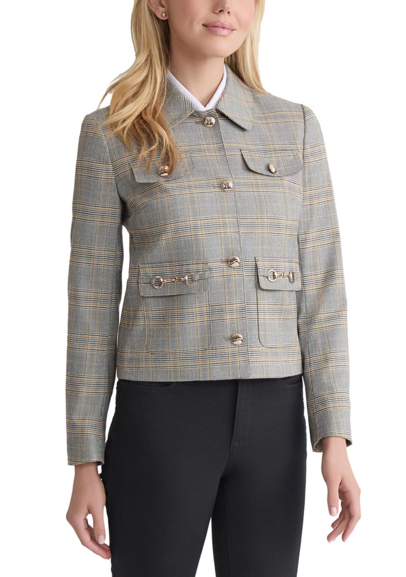 Petite Button Down Jacket with Pockets - Glen Plaid
