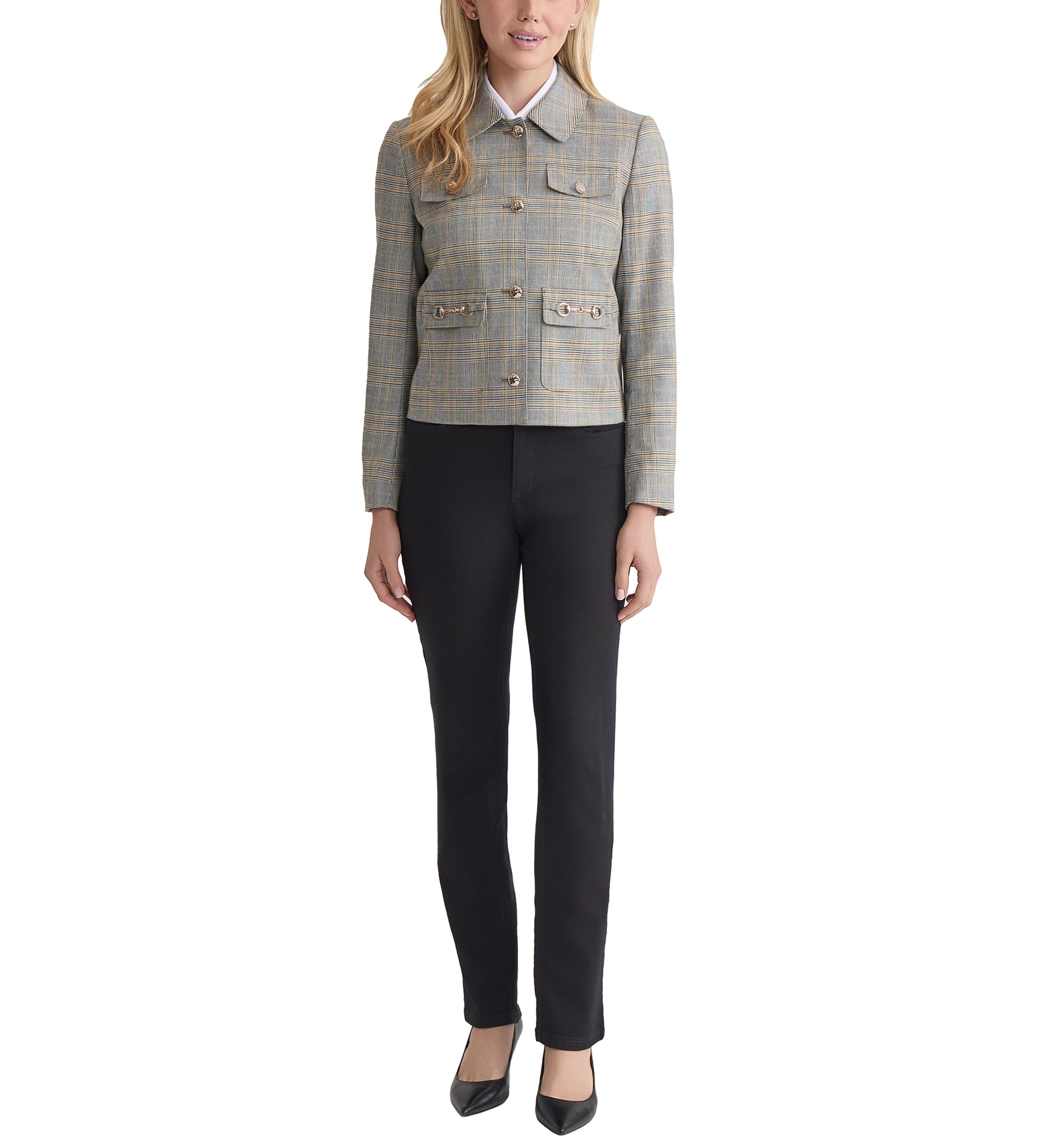 Petite Button Down Jacket with Pockets - Glen Plaid