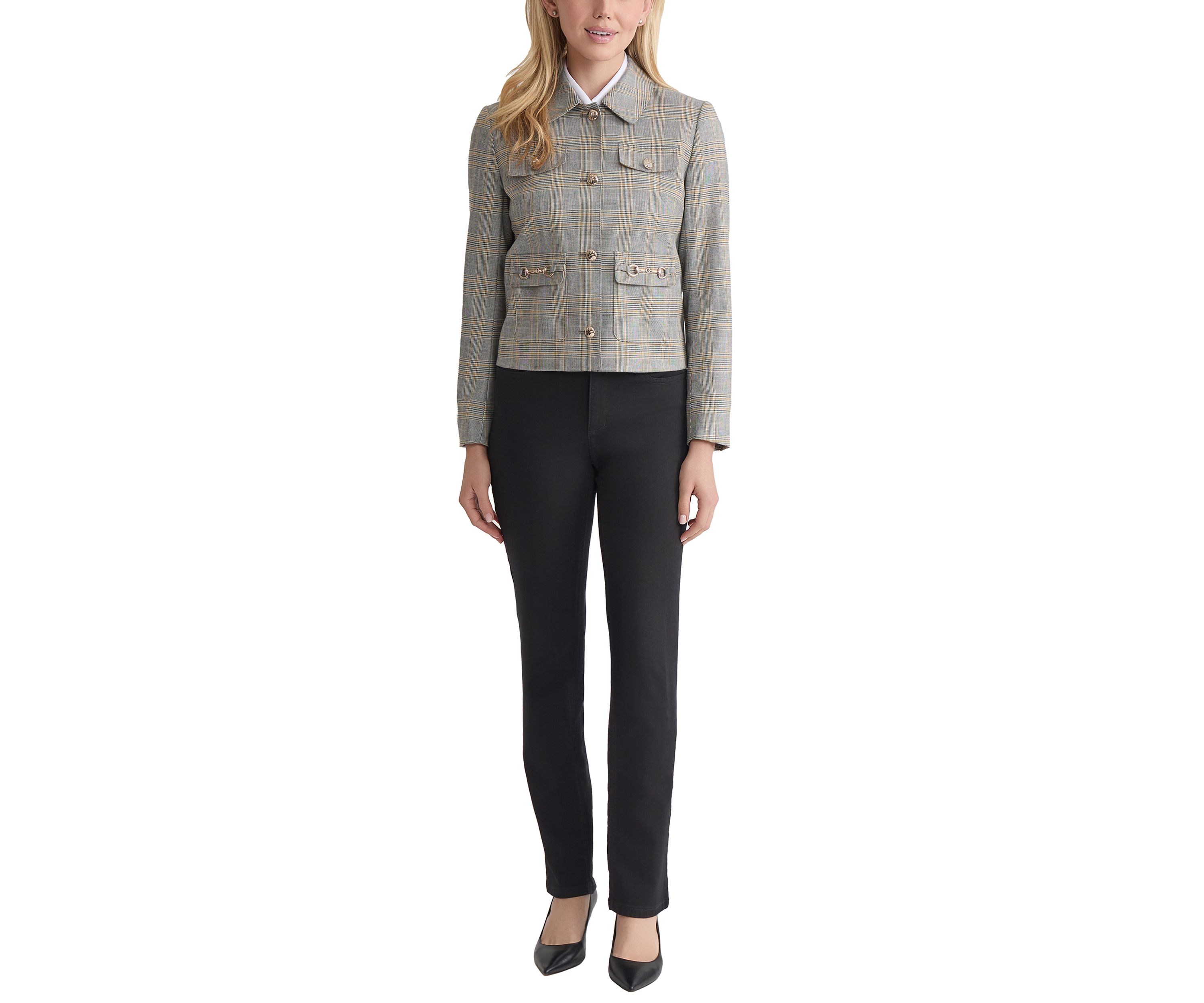 Petite Button Down Jacket with Pockets - Glen Plaid